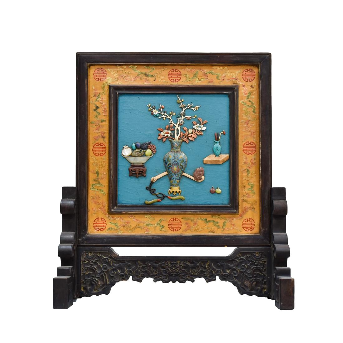 CLOISONNE & STONES INLAID LACQUERED TABLE SCREEN: Large lacquered panel with semi-precious hard stone inlaid Chinese table screen, of square shaped, adorned with semi-precious stones inlaid, including carnelian, agate, lapis-lazuli, jadeite, amber, a