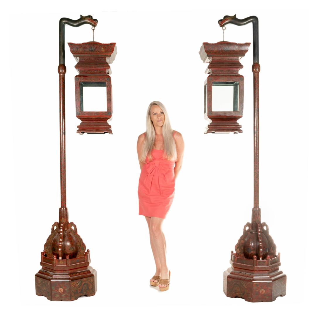 RARE SET OF LACQUERED IMPERIAL DRAGONS LANTERN POST: Constructed in a square vase shaped body, with four post supporting the flared top with symmetrical splayed base. Decorated with many auspicious motifs, each having the monastery hat shaped cover, sus