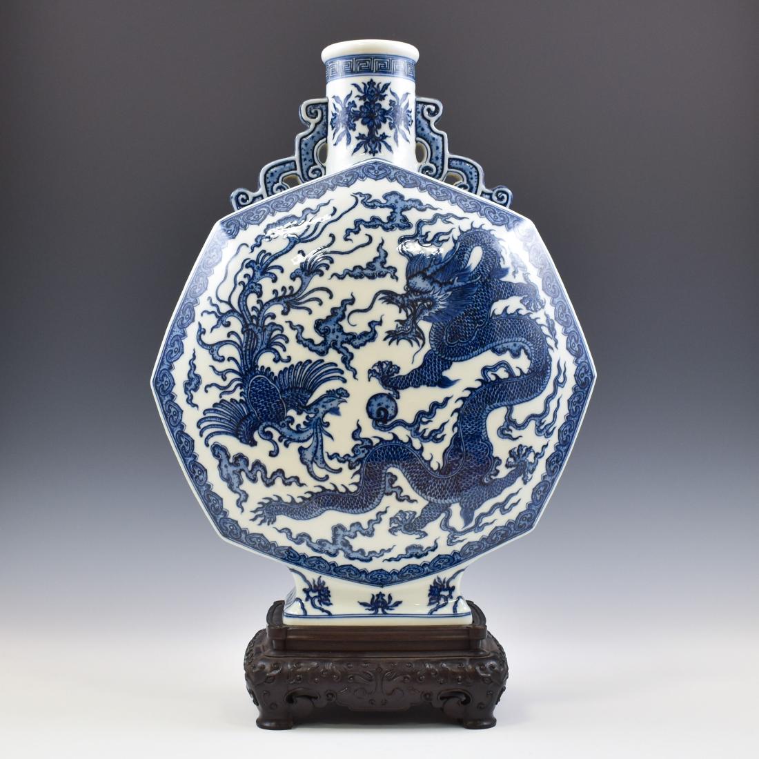 QIANLONG BLUE & WHITE DRAGON PHOENIX HEXAGONAL MOON (1 of 13)