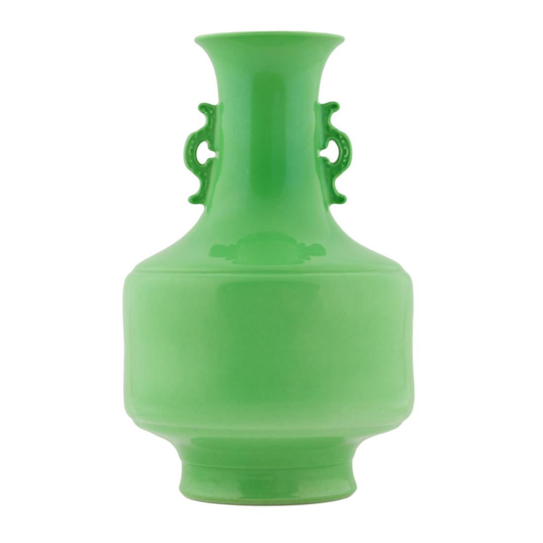 QIANLONG FAMILLE JAUNE MONOCHROME AMPHORA VASE: Chinese Qing Dynasty Qianlong Emperor Reign period amphora monochrome vase. Potted in a globular lower body, tapered gracefully toward straight tall neck leading to a slightly incurved rim, flanked wi