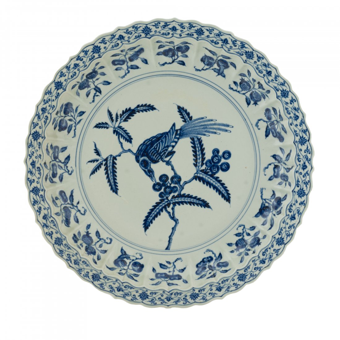 LARGE MING YONGLE BLUE & WHITE MAGPIE CHARGER: MASSIVE Chinese 15th Ming Dynasty Yongle Emperor Reign period, Extraordinary Massive Blue and White Plate. Finely potted in shallow vessel form, with broad wide central interior, rounded cavetto gentl
