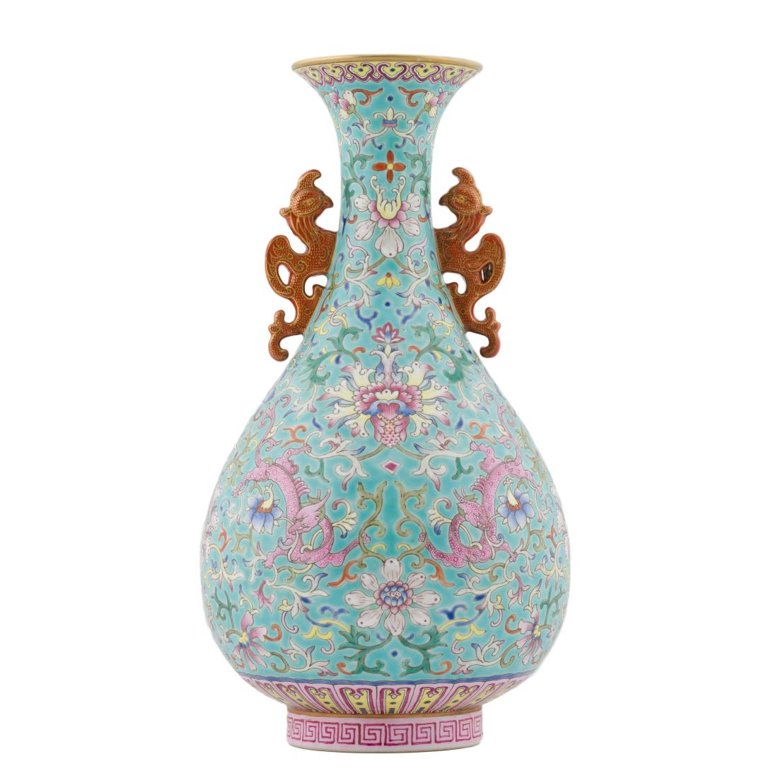 QIANLONG WRAPPED FLORAL AMPHORA VASE: Chinese Qing Dynasty Qianlong Emperor Reign period pear porcelain vase. Pear Chinese porcelain vase, substantial rotund body with rounded shoulders converging into a short neck, with a slightly concav