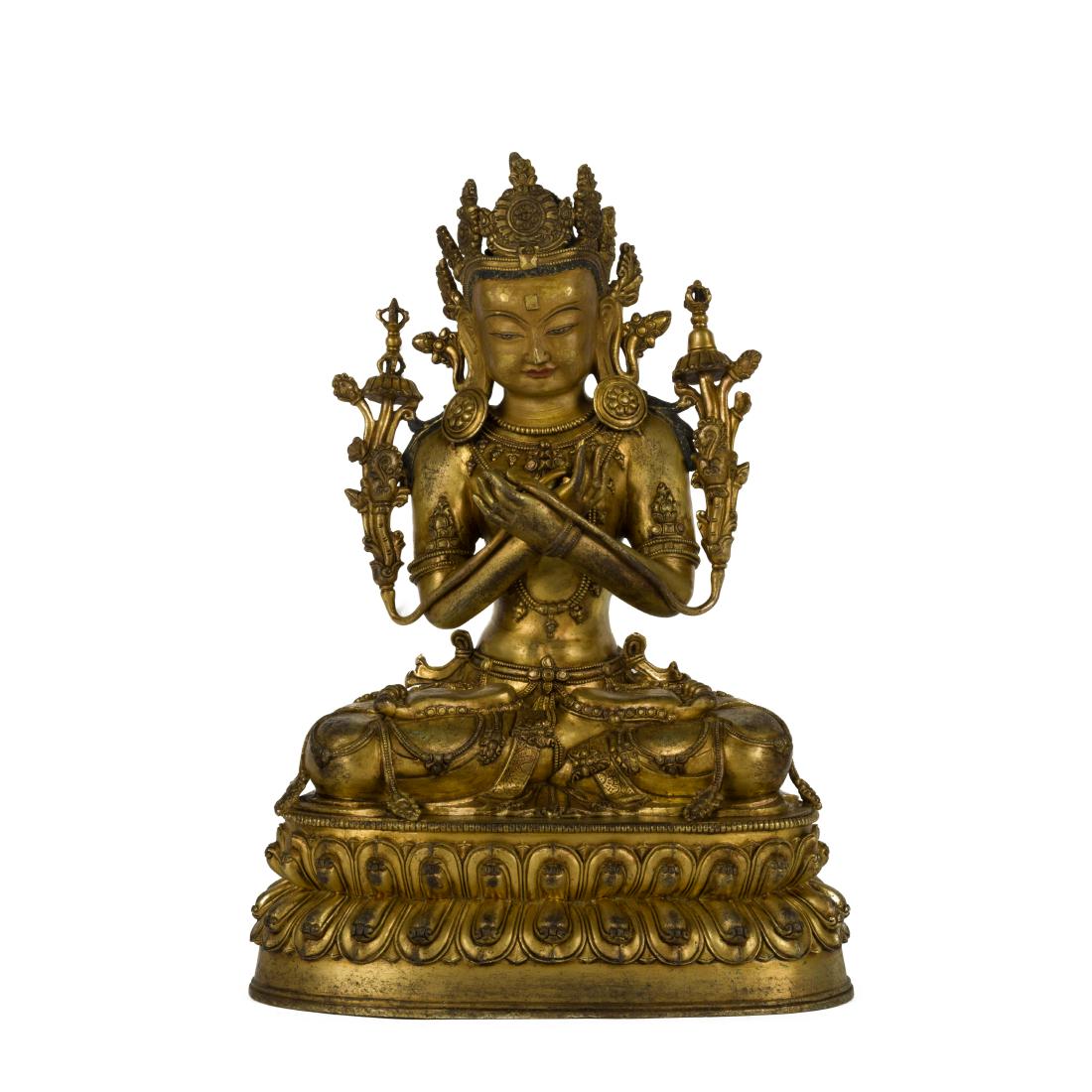 MING GILT BRONZE VAJRADHARA BUDDHA: Chinese Ming Dynasty Yongzheng gilt bronze and stones inlaid seated Bodhisattva Buddha, figure of Vajradhara. The primordial Buddha, personification of the Dharmakaya - truth body of enlightenment and