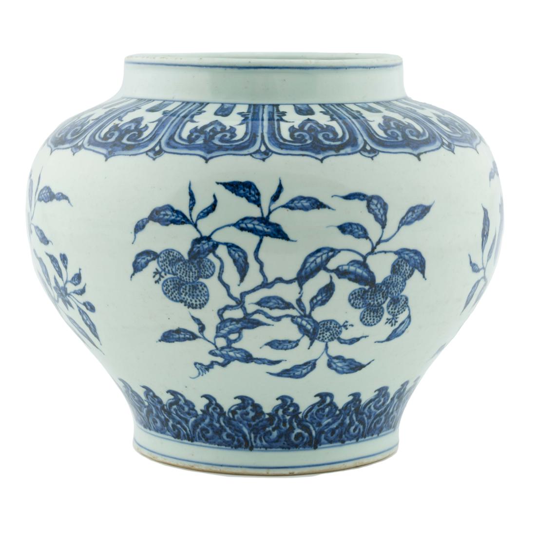 MING BLUE & WHITE FRUIT ABUNDANT JAR: Chinese Ming Dynasty blue and white porcelain Jar. Sturdy porcelain jar with robust shoulder region curving into a feminine waist that extends all the way to the bottom forming the raised circular bas