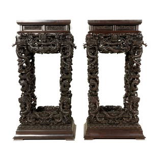 EXTRAORDINARY PAIR ZITAN CARVED DRAGON STANDS: VERY RARE, MARVELOUS, and ANTIQUE Pair Chinese Zitan Hardwood carved Hundred Dragons stands. Extraordinary angular Zitan hardwood table stand raised on parallelogram base. PROVENANCE: From Atlanta pr