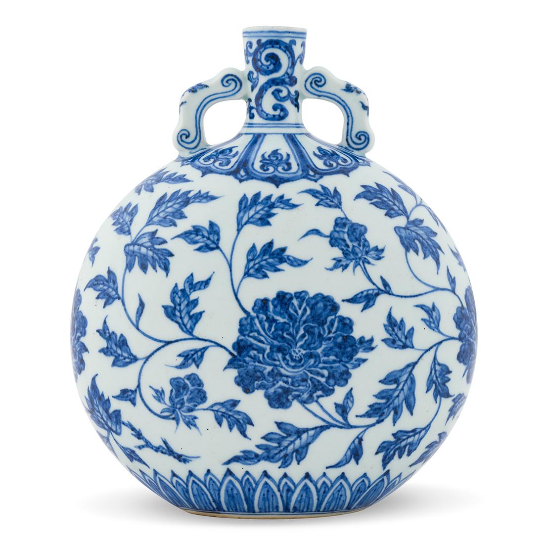 15TH C MING YONGLE BLUE & WHITE PEONY MOON VASE: EXTRAORDINARY, RARE 15th C. Chinese Ming Dynasty Yongle reign blue and white peony porcelain moon vase. Molded into a compressed large coin globular body, with straight narrow neck with scrolling vine