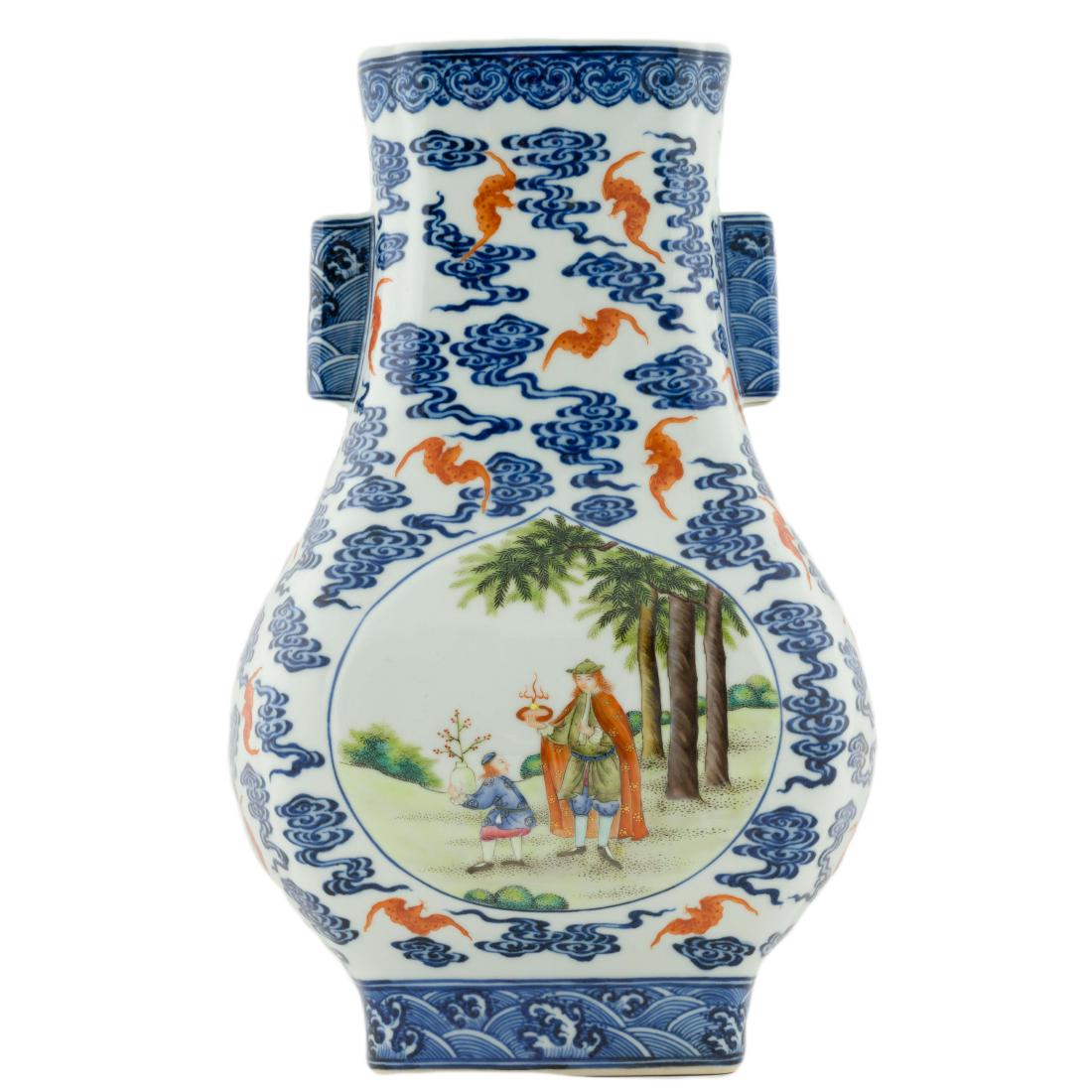 QIANLONG OPEN FACE ZUN VASE: Chinese Qing Qianlong porcelain Zun vase. Is stoutly potted in form of traditional squared Zun vessel, of semi-rectangular pear shape with grooved edges, bottom-heavy body gently raised the wider prom