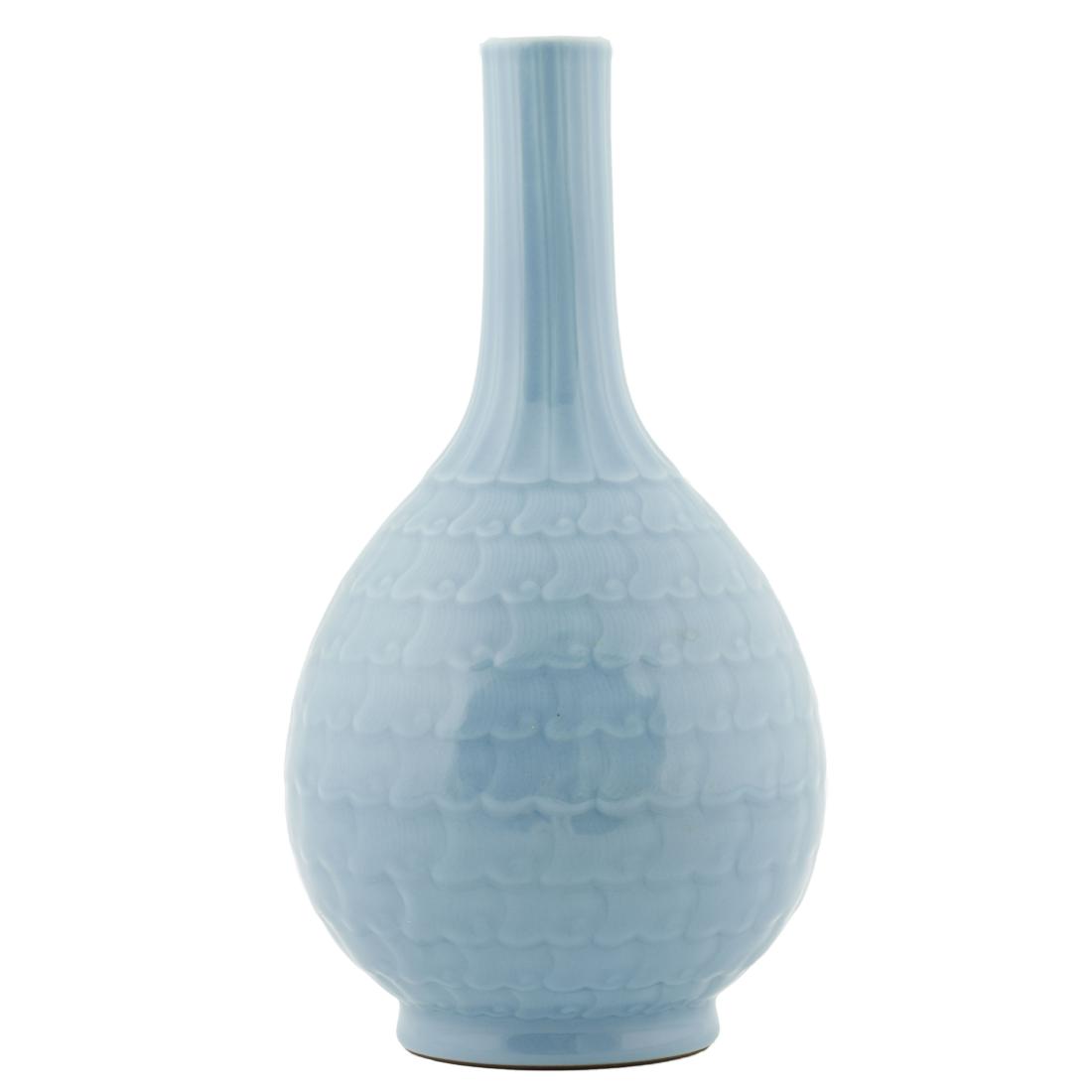 DOUCAI GLAZED CARVED PORCELAIN BILE VASE: Chinese Qing Dynasty carved porcelain bile bottle vase. Finely potted with bulbous belly, raising the tall cylindrical neck toward narrow flat opening, supported upon a concaved footed base. The exter