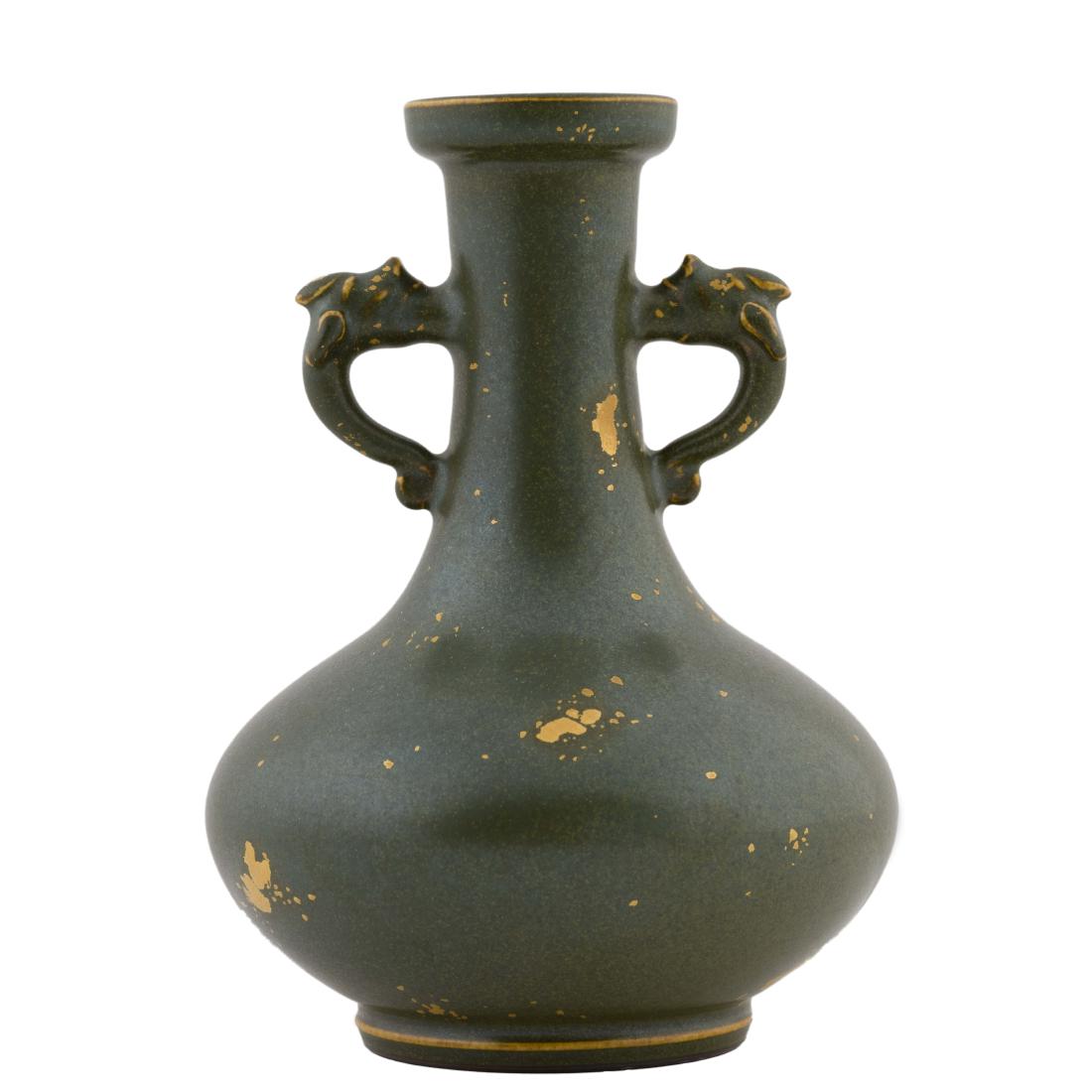 GILT & TEA DUST GLAZED AMPHORA VASE: Chinese Qing Dynasty green amphora vase with a rounded ovoid body leading upward to a thin waisted neck. Fish inspired loop handles emerging on neck beneath the banded rim around the narrow gallery op