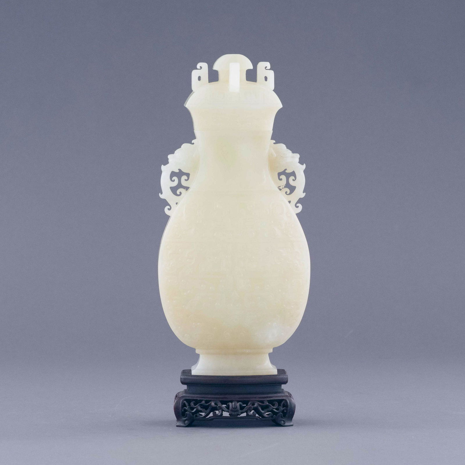 LARGE WHITE JADE CARVED LIDDED VASE ON STAND (1 of 11)