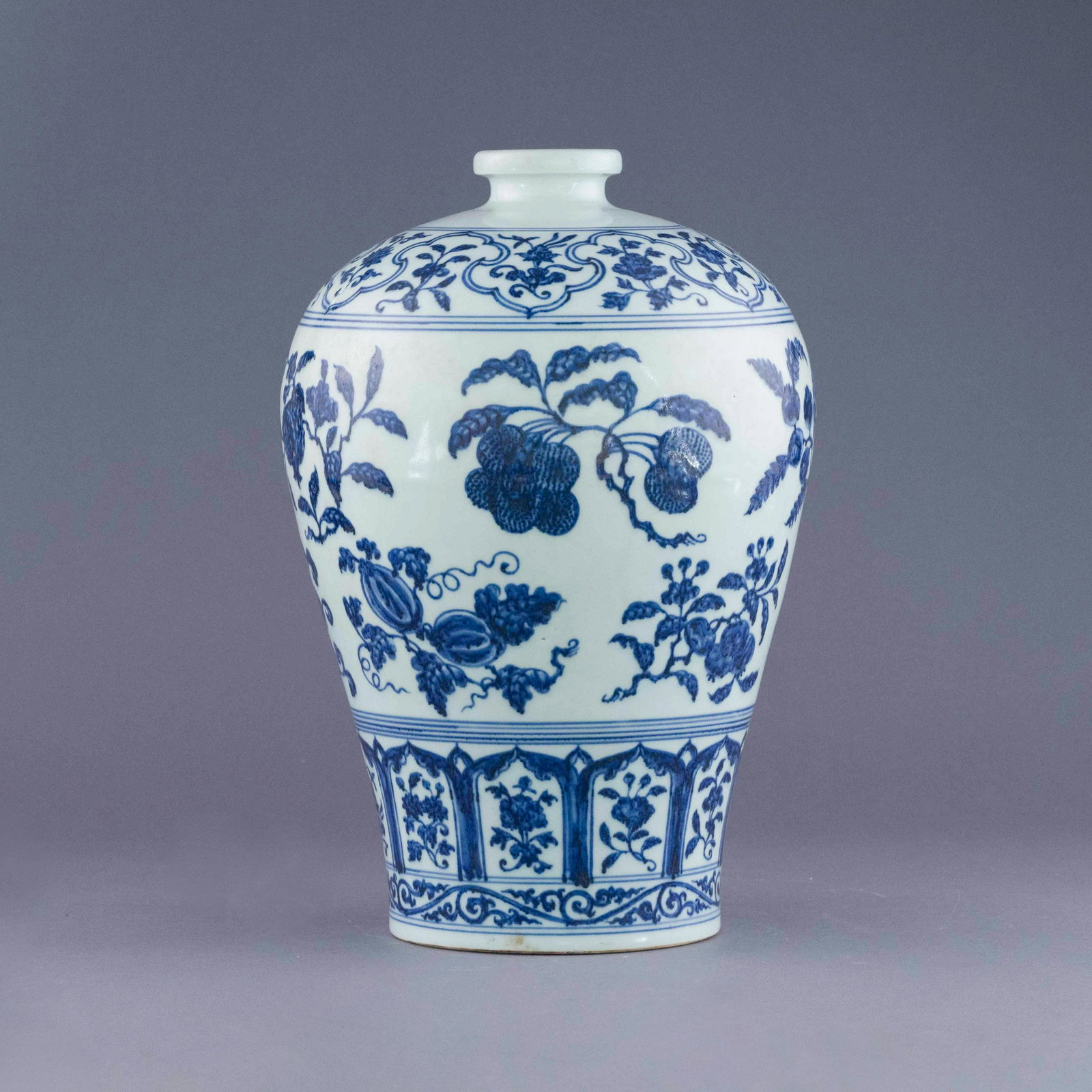 MING BLUE AND WHITE FRUIT ABUNDANT MEIPING JAR: Lustrous, Chinese Ming Dynasty Period, blue and white fruit abundant Meiping jar. The porcelain shaped into a traditional Meiping form, thick potted, with a narrow base, wide body, slender neck easing