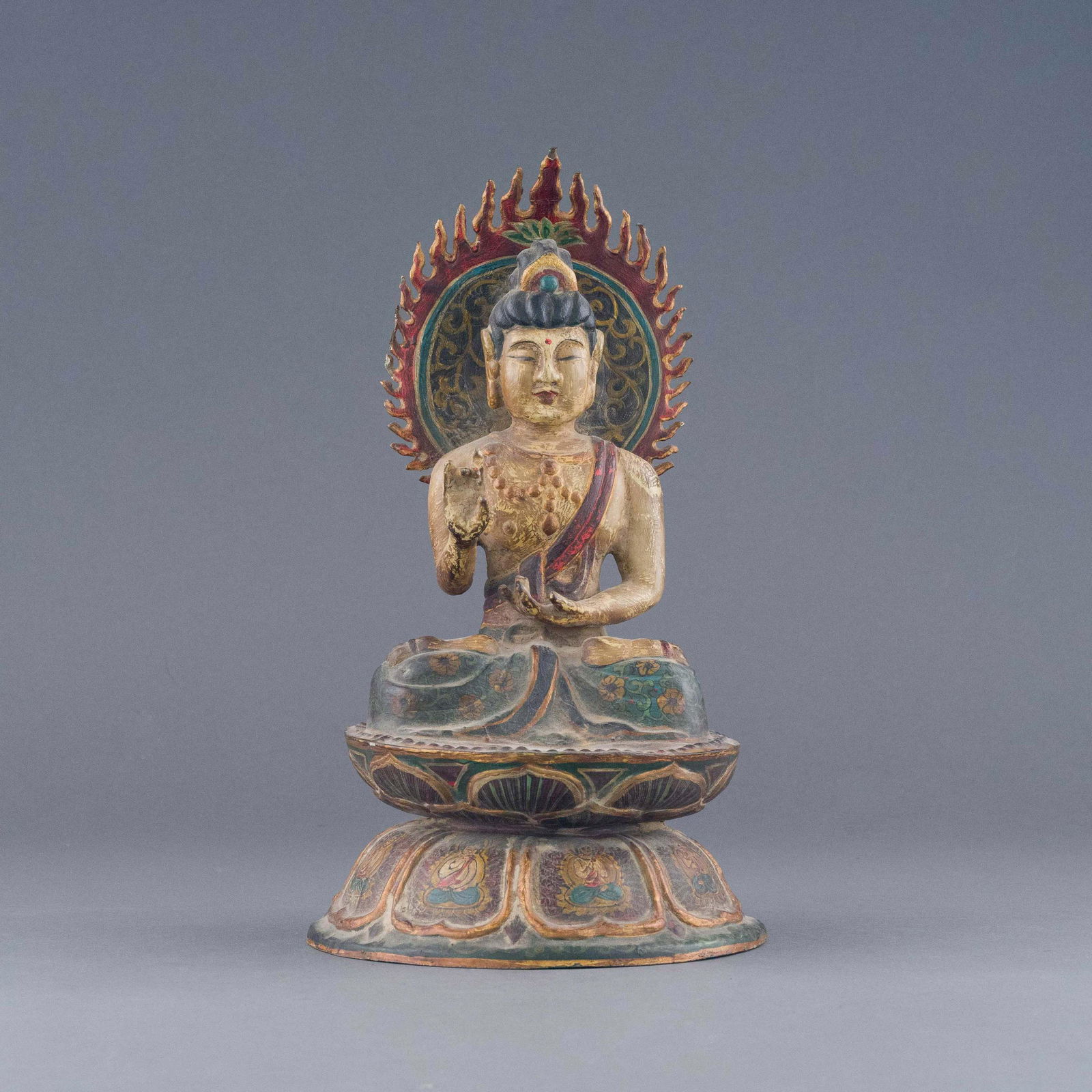 TANG PAINTED GILT BRONZE SEATED BUDDHA WITH AUREOLE (1 of 12)