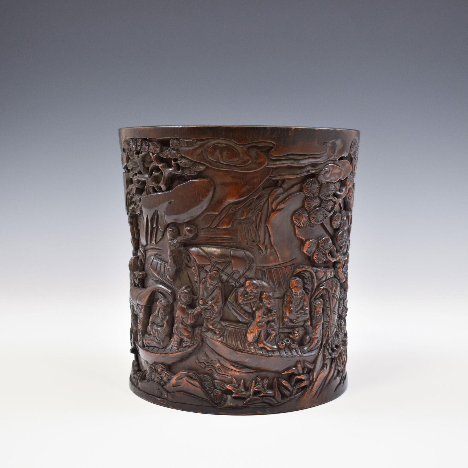 CARVED ZITAN BRUSH POT WITH FISHERMAN MOTIF (1 of 10)