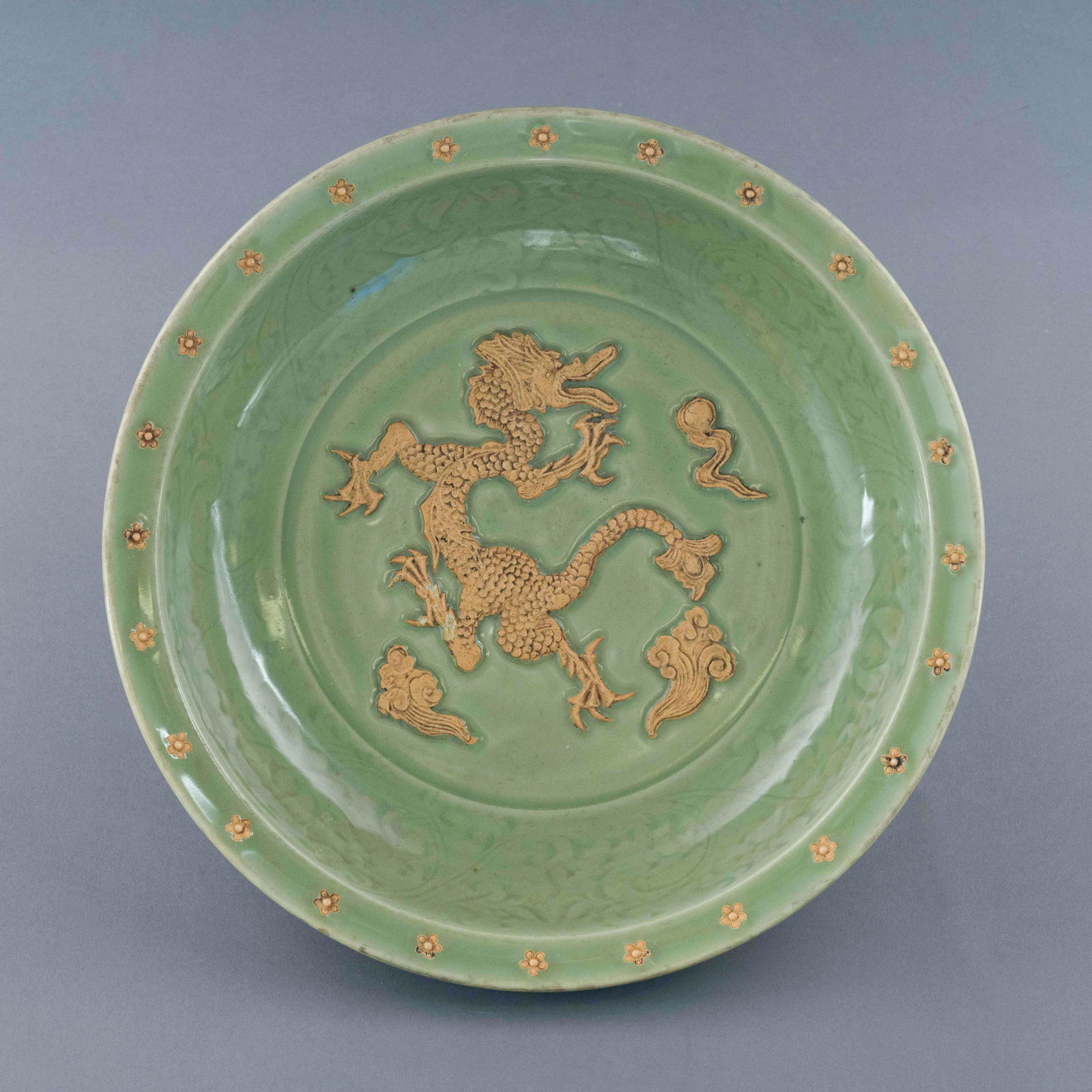 EARLY MING MOLDED DRAGON LONGQUAN CHARGER (1 of 6)
