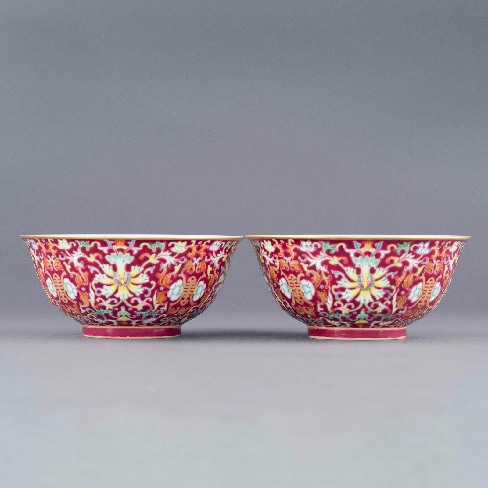 PAIR QIANLONG RUBY RED FLORAL BOWLS (1 of 9)