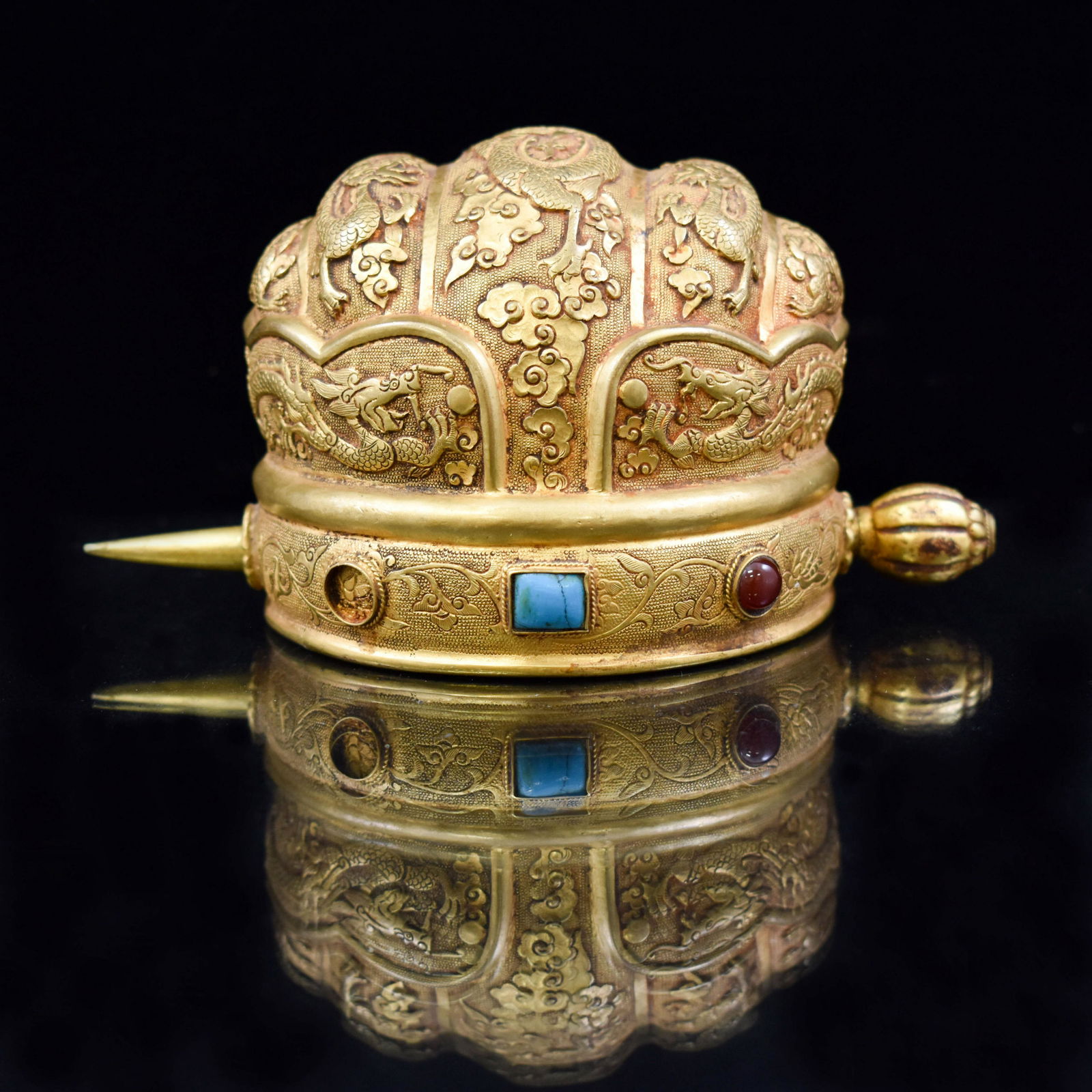 MING CHINESE GILT BRONZE & STONES INLAID HEADDRESS (1 of 10)