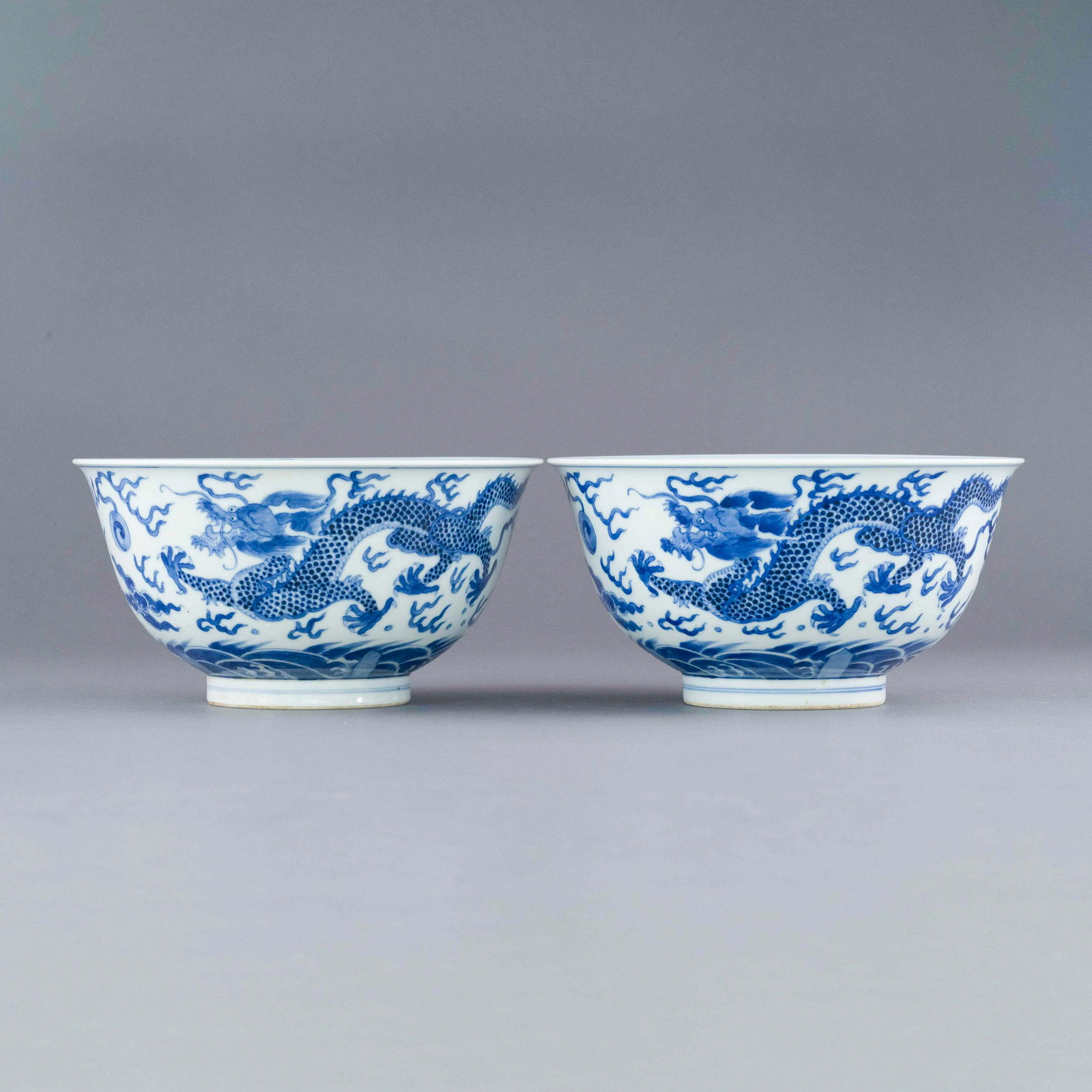 PAIR KANGXI BLUE & WHITE DRAGON BOWLS (1 of 14)