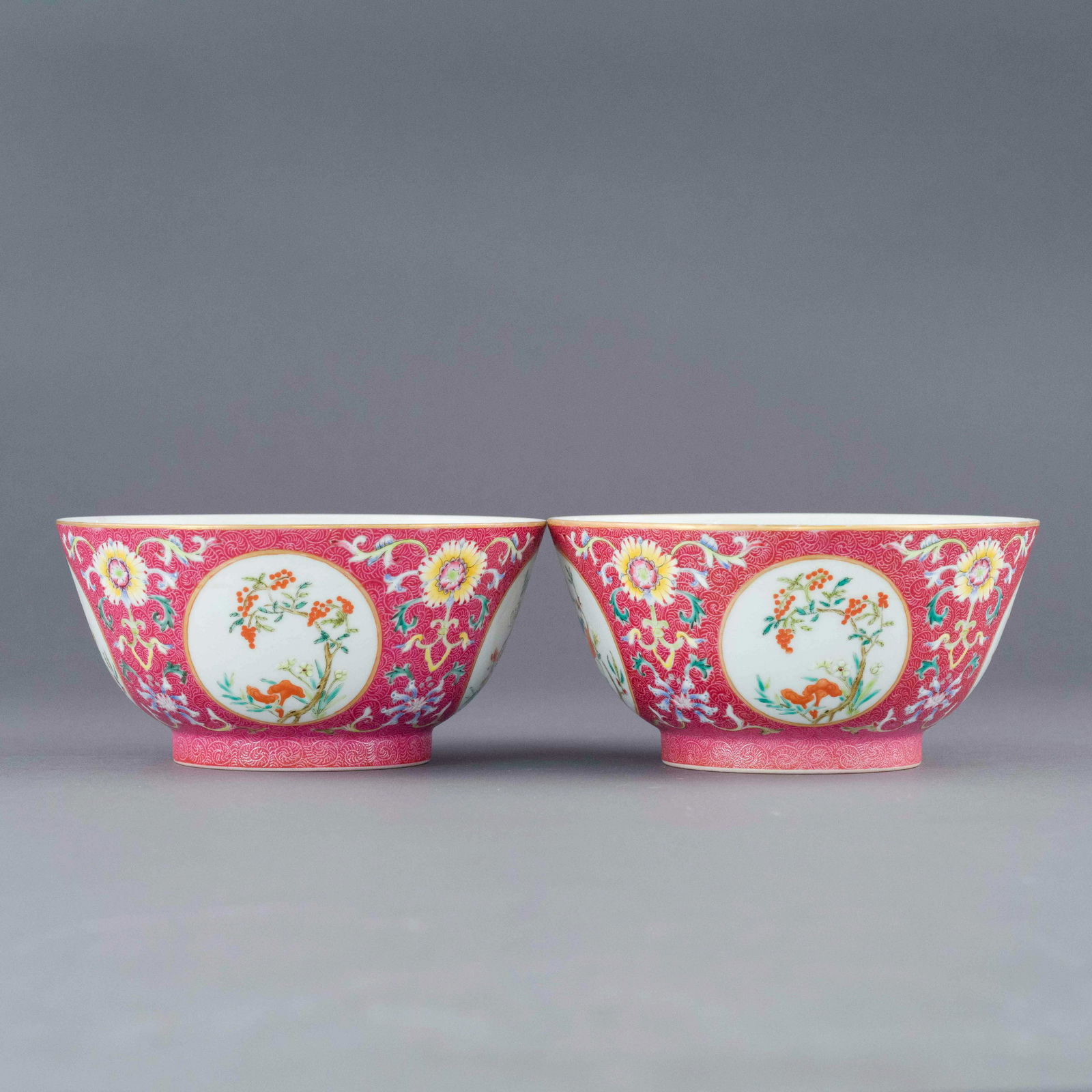 PAIR DAOGUANG OPEN FACE FLORAL RUBY RED BOWLS (1 of 12)