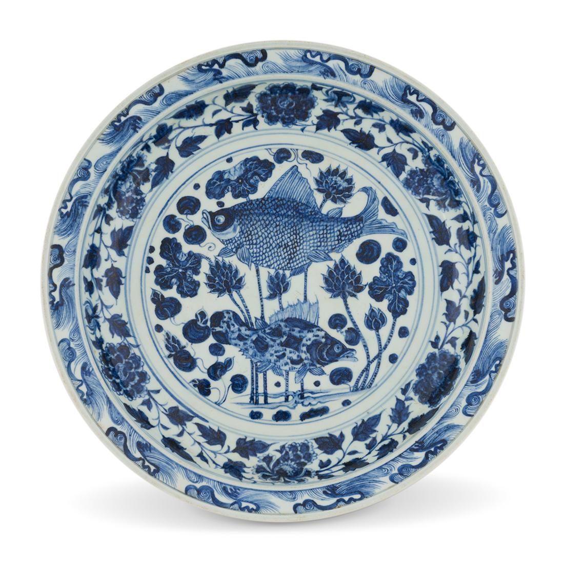 MING BLUE & WHITE FISH PORCELAIN PLATE: Measurements: Height: 3" Diameter: 17 3/4" Large Fine, Chinese Ming Dynasty blue and white under-glazed porcelain charger, of a shallow vessel, the central reserved with two fishes amongst water folia