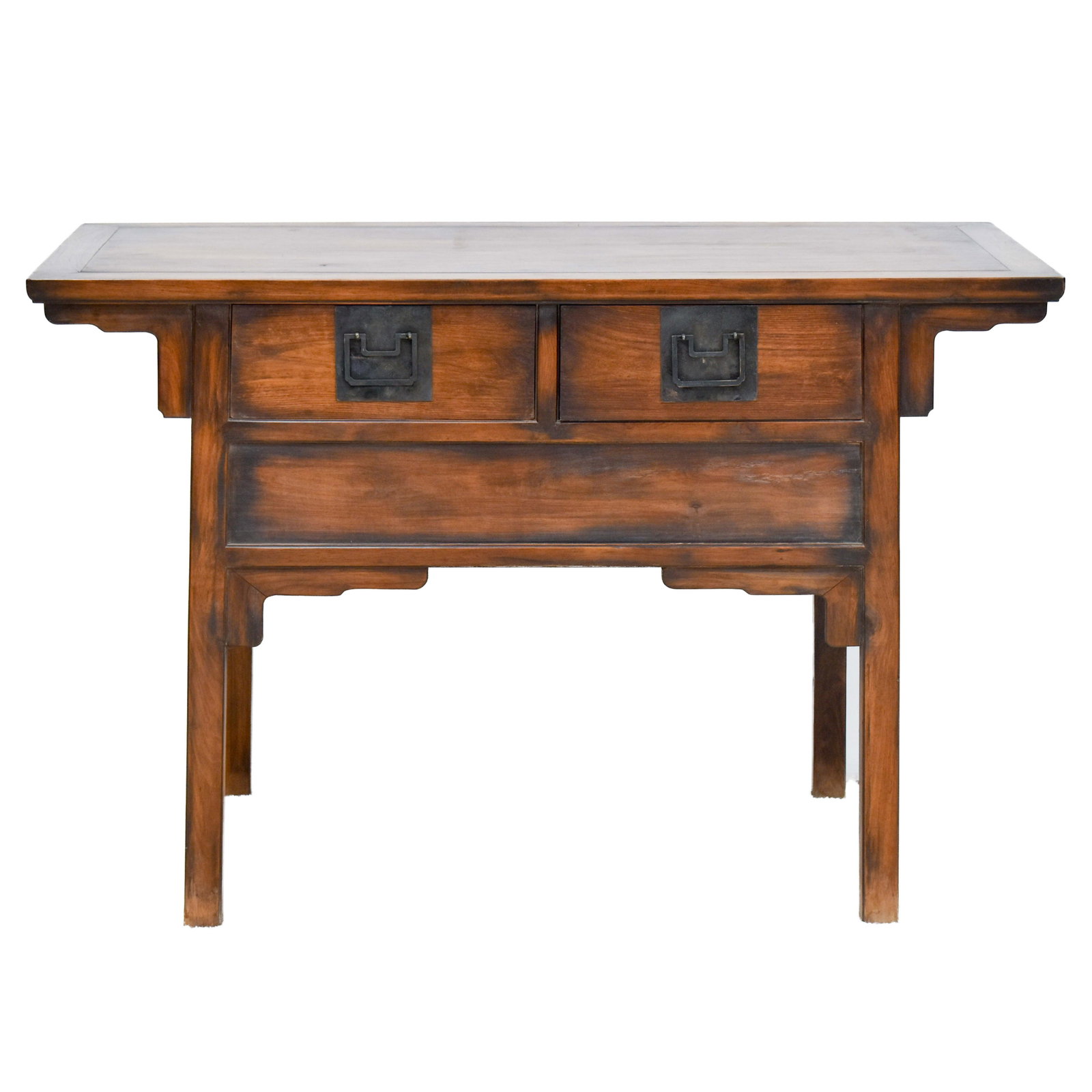 19TH C HUANGHUALI DOUBLE DRAWERS COMMODE ALTAR: Measurements: 33-1/2" H x 22" D x 50" L 19th Century Chinese HuangHuaLi double drawer commode altar. The rectangular top terminating in inverted flanges above scalloped spandrels. Two drawers above pl