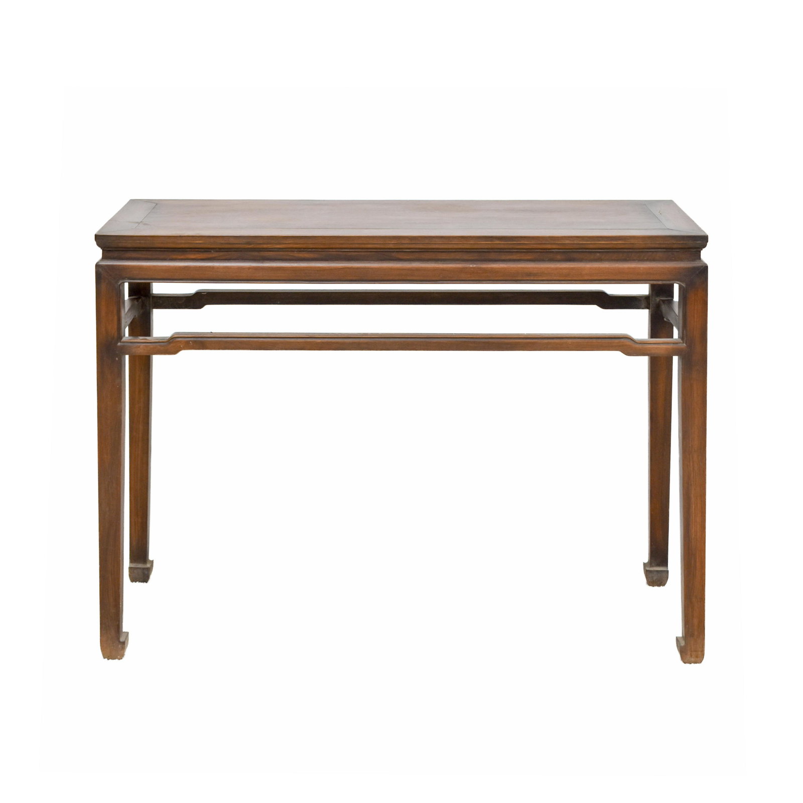 19TH C CHINESE HUANGHUALI WAISTED TABLE: Measurements: 42" H x 23-1/2" D x 32" H Rectangular top panel above beaded apron, raised on four squared legs with hoofed foot, joined with arched rail. Having dense hardwood and fine grain with lustr