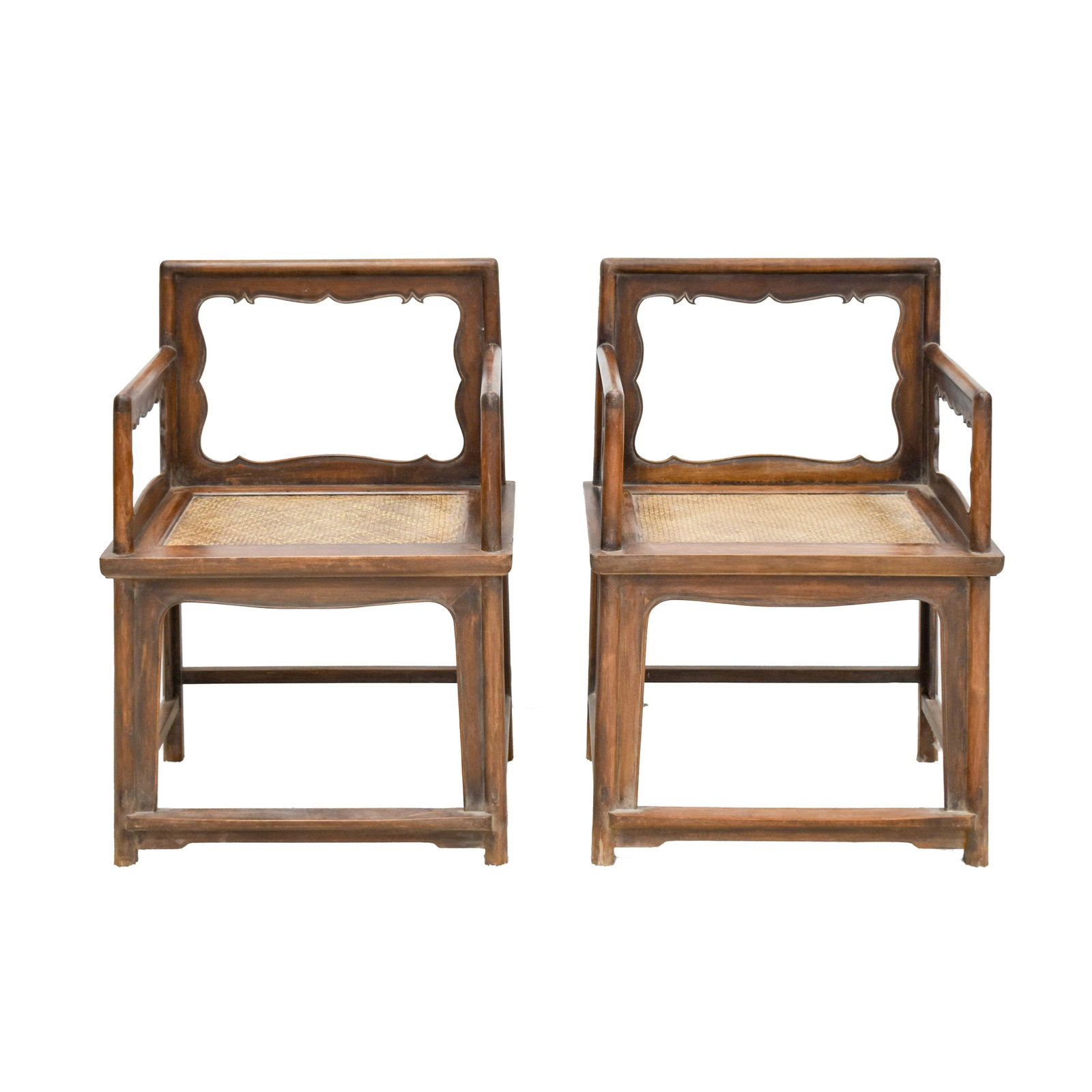 PAIR OF 18/19TH C HUANGHUALI ROSE CHAIRS, MEIGUI YI: Measurements: 35-1/2"H x 25-1/8"L x 18-1/2"D Each with an open-carved back frame formed by a straight top rail rounding the corners to the back posts, set with an inset beaded border apron and spandre