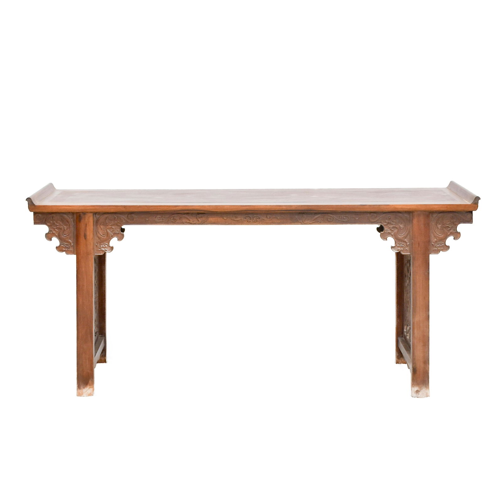 CHINESE HUANGHUALIÂ EVERTED RIM ALTAR TABLE: Measurements: H: 32 1/2 L: 32 1/2" D: 17 3/4" Antique Chinese carved Huanghuali Altar Table. Constructed with rectangular top panel over flared on both ends surmounting a slightly waisted and beaded a