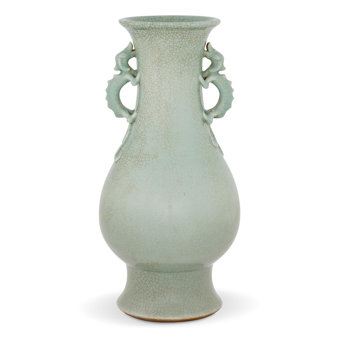 QIANLONG CELADON GLASS GLAZED PIXIU AMPHORA VASE: Measurements: Height: 20" Diameter: 9 5/8" SUPERB Chinese Qing Dynasty Qianlong Reign Period celadon glass glazed Pixiu porcelain amphora vase. Chinese Qianlong Green porcelain vase. Large bulbous ves