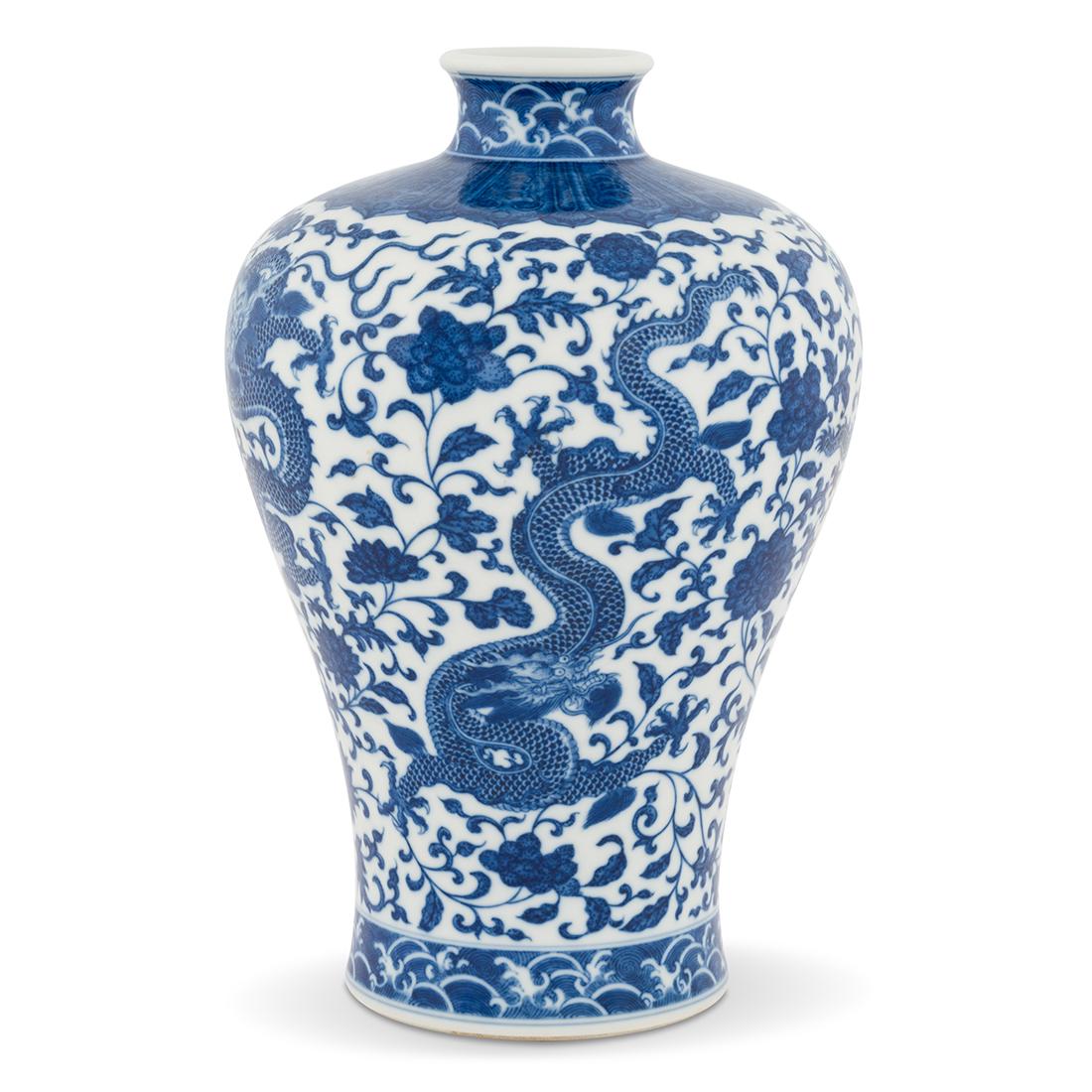 QIANLONG BLUE & WHITE DRAGON WRAPPED FLORAL MEIPING JAR: Measurements: Height: 12 3/4" Diameter: 8 1/8" Chinese Qing Dynasty Qianlong blue and white dragon wrapped floral porcelain Meiping jar. Large Chinese Ming Dynasty Meiping or Plum Vase that has been s