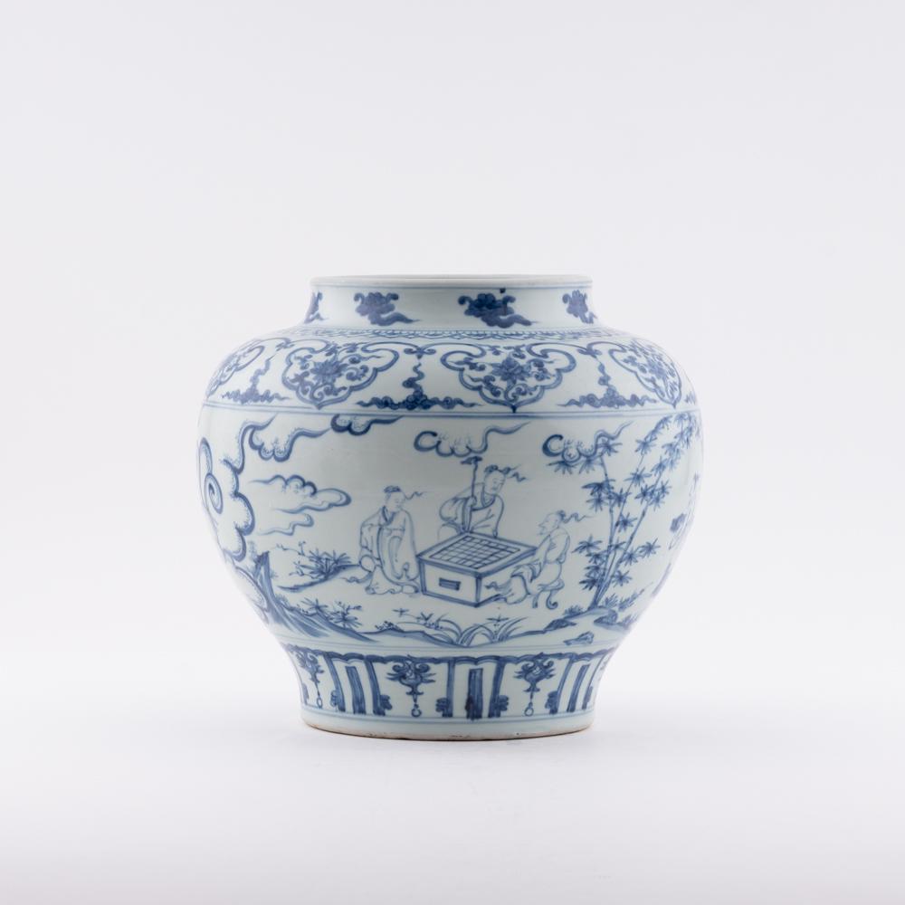 MING BLUE & WHITE FIGURINAL PORCELAIN JAR: Measurements: Height: 11" Width/Lenght: 11.5" Diameter/Depth: 11.5" Chinese Ming Dynasty, blue and white figurines porcelain jar. Potted in large cylinder vessel, jar shape, having thick and tall pott