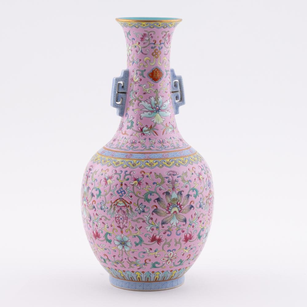 QING JIAQING FAMILLE ROSE AMPHORA VASE: Measurements: Height: 12.25" Width/Lenght: 5.875" Diameter/Depth: 5.875" Fabulous, Chinese Qing Dynasty Period, JiaQing famille rose porcelain vase. Potted in shaped vase, large, thick and tall, globu