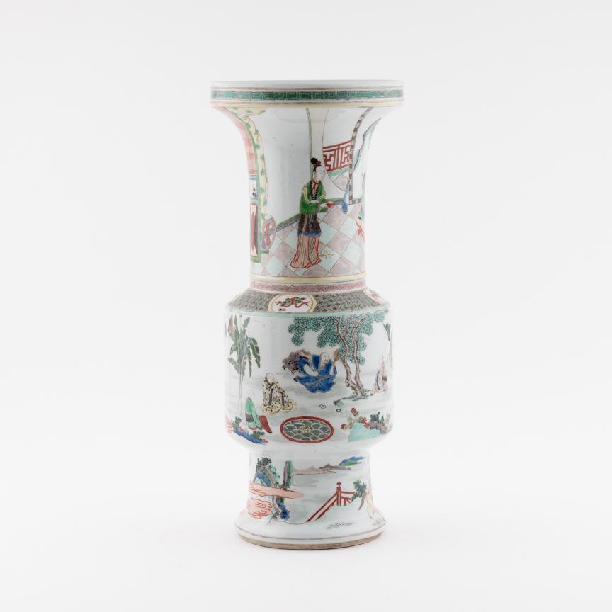 KANGXI WUCAI FIGURINES & LANDSCAPE GU VASE: Measurements: Height: 18.75" Diameter/Depth: 8" Chinese Qing Dynasty Period, Kangxi GU porcelain vase. Potted in a Chinese porcelain traditional Gu beaker shape, having baluster shaped body, large, ta