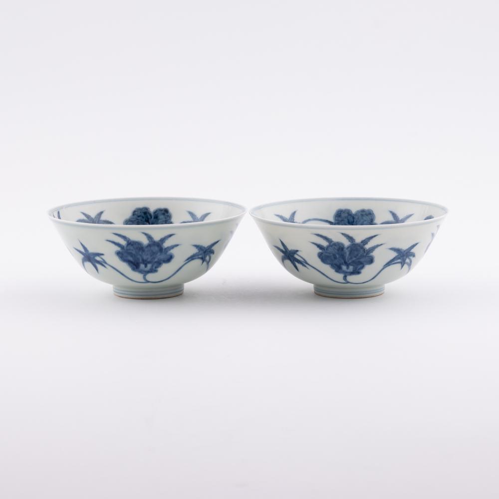 PR. CHENGHUA BLUE & WHITE BOWLS: Measurements: Height: 2.625" Width/Lenght: 6.125" Diameter/Depth: 6.125" Pair of Chinese Ming Dynasty Period, ChengHua porcelain bowls. The porcelain potted with a shallow deep body, thick and bulbous