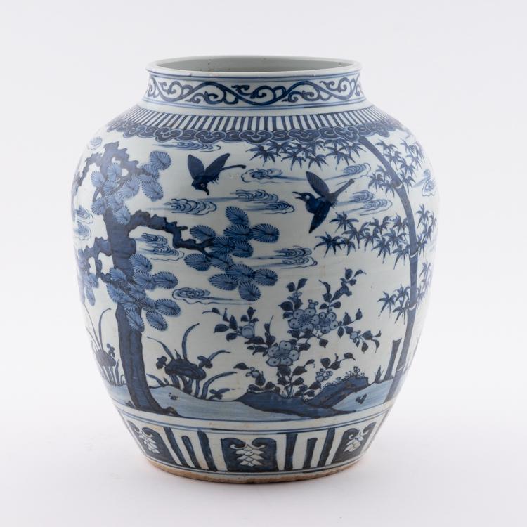 MING BLUE & WHITE PRUNUS BLOOMS JAR: Measurements: Height: 7.625" Width/Lenght: 6.125" Diameter/Depth: 6.125" Lustrous, Chinese Ming Dynasty period, blue and white porcelain Jar. Finest porcelain potted in large cylinder vessel, jar shap