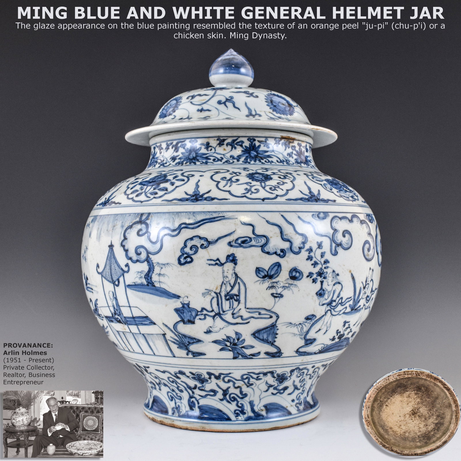 MING BLUE & WHITE GENERAL HELMET JAR: PROVENANCE: Arlin Holmes (April 1951-present) South Atlanta, GA; private collector, realtor, business Entrepreneur. Mr. Holmes graduated from Gadsden State College in 1972. Upon graduation he worked a