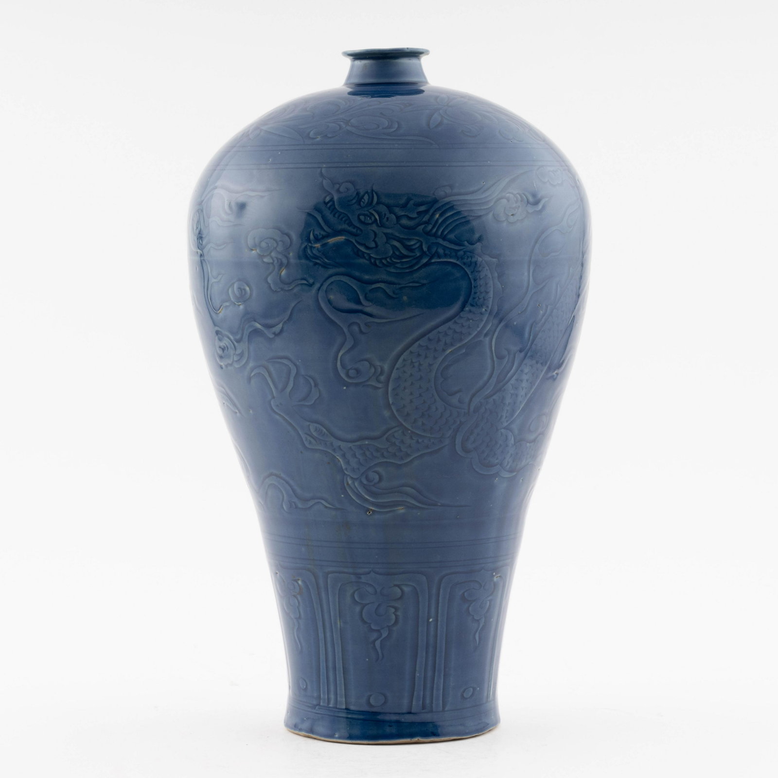 MING BLUE MONOCHROME GLAZED MEIPING JAR: Measurements: 16.625in x9.25in x 9.25in Chinese Ming Dynasty period, blue monochrome glazed porcelain meiping jar. The porcelain shaped into a traditional Meiping form, large, thick and tall potted, w