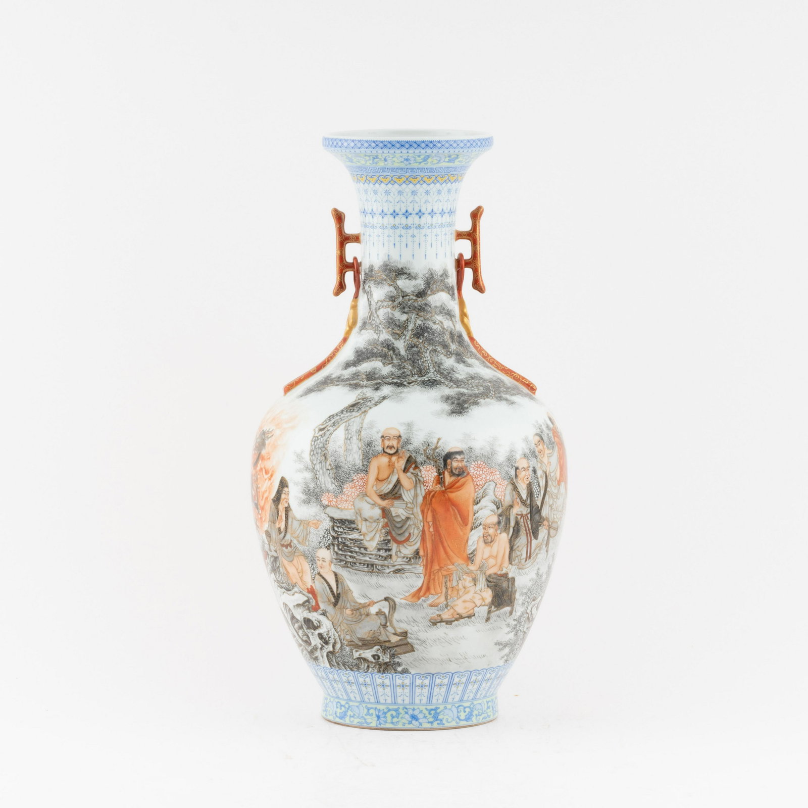 QING FAMILLE ROSE OPEN FACE IMMORTAL LANDSCAPE AMPHORA: Measurements: 16.875in x8.75in x 8.75in Chinese Qing Dynasty Period, Famille rose open face immortal landscape motif porcelain amphora vase. Potted into a traditional Meiping form, large, thick and ta