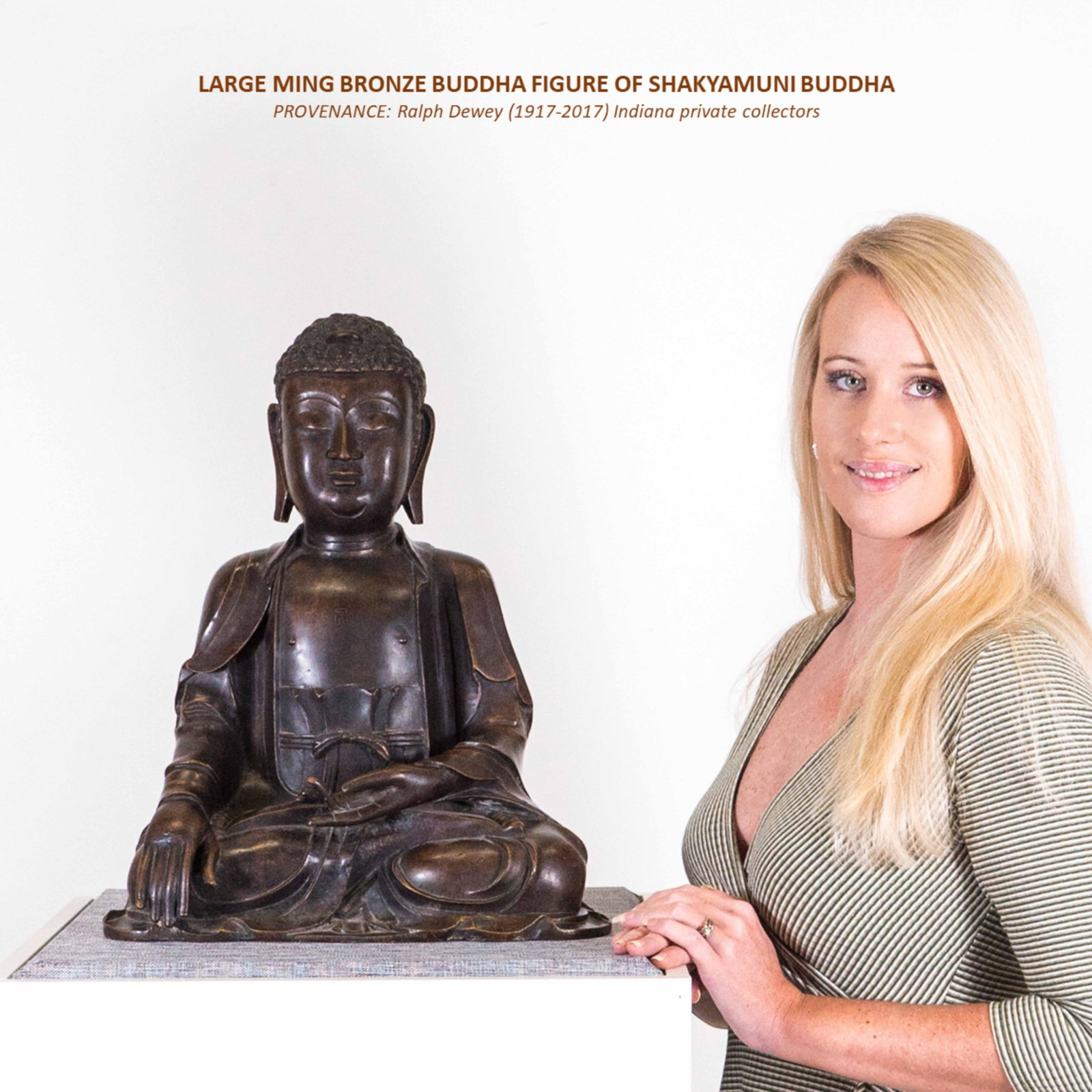 LARGE MING BRONZE BUDDHA FIGURE OF SHAKYAMUNI BUDDHA: Measurements: 18.5in H x 15.25in W Chinese Ming Dynasty bronze seated Shakyamuni Buddha. Cast in formal in appearance, the Buddha gazes forward with Athe eyes, partially closed, and the blue-black hai