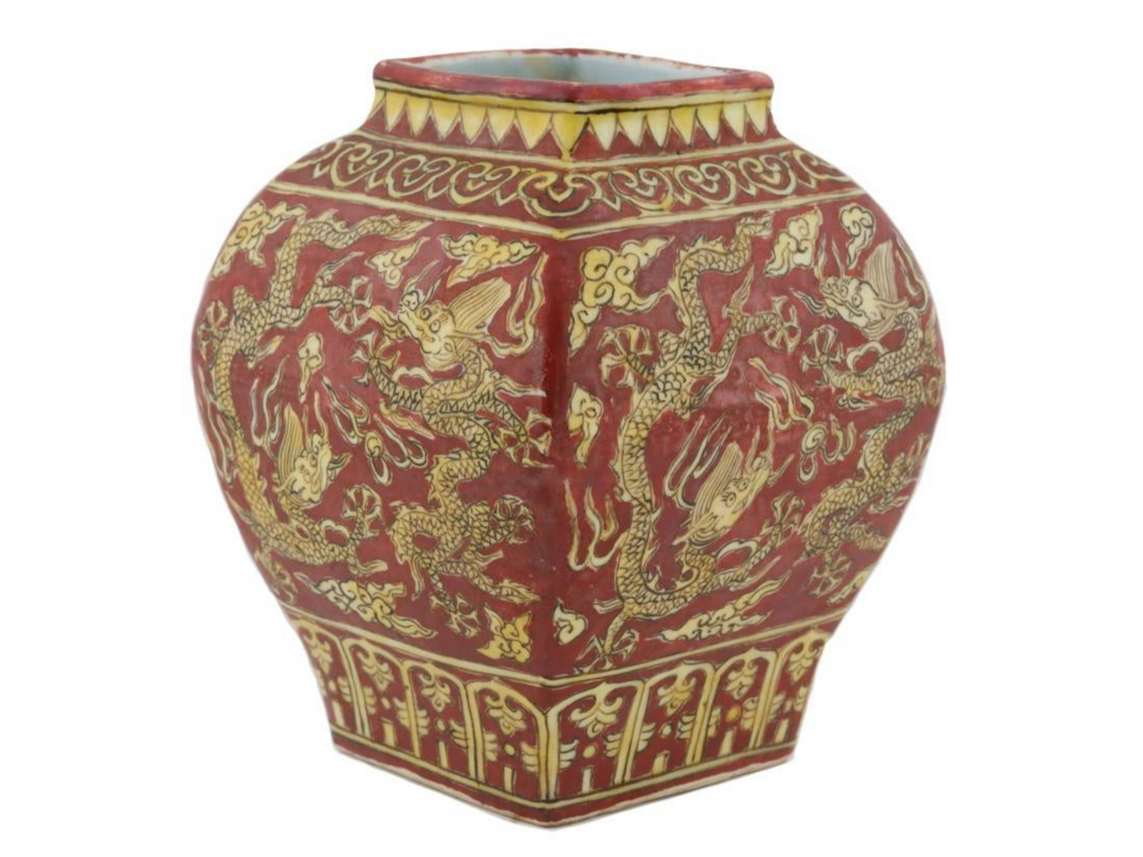 MING JIAJING RED AND YELLOW DRAGON SQUARED JAR: PROVENANCE: Arlin Holmes (April 1951 - May 2019) South Atlanta, GA; private collector, realtor, business Entrepreneur.Mr. Holmes graduated from Gadsden State College in 1972. Upon graduation he worked