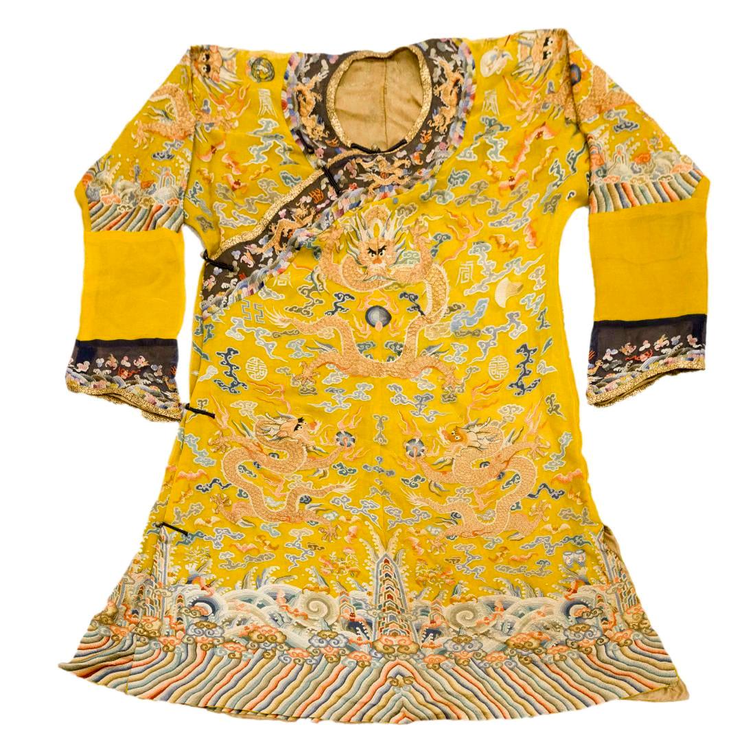 QING IMPERIAL DRAGON SILK ROBE: Dimensions; Lenght: 53" Width: 76 1/2" PROVENANCE: From San Jose, CA private collector, inherited through third generations, acquired from Quong Chun & CO, 709 Jackson ST. San Francisco, CA in 1918's.