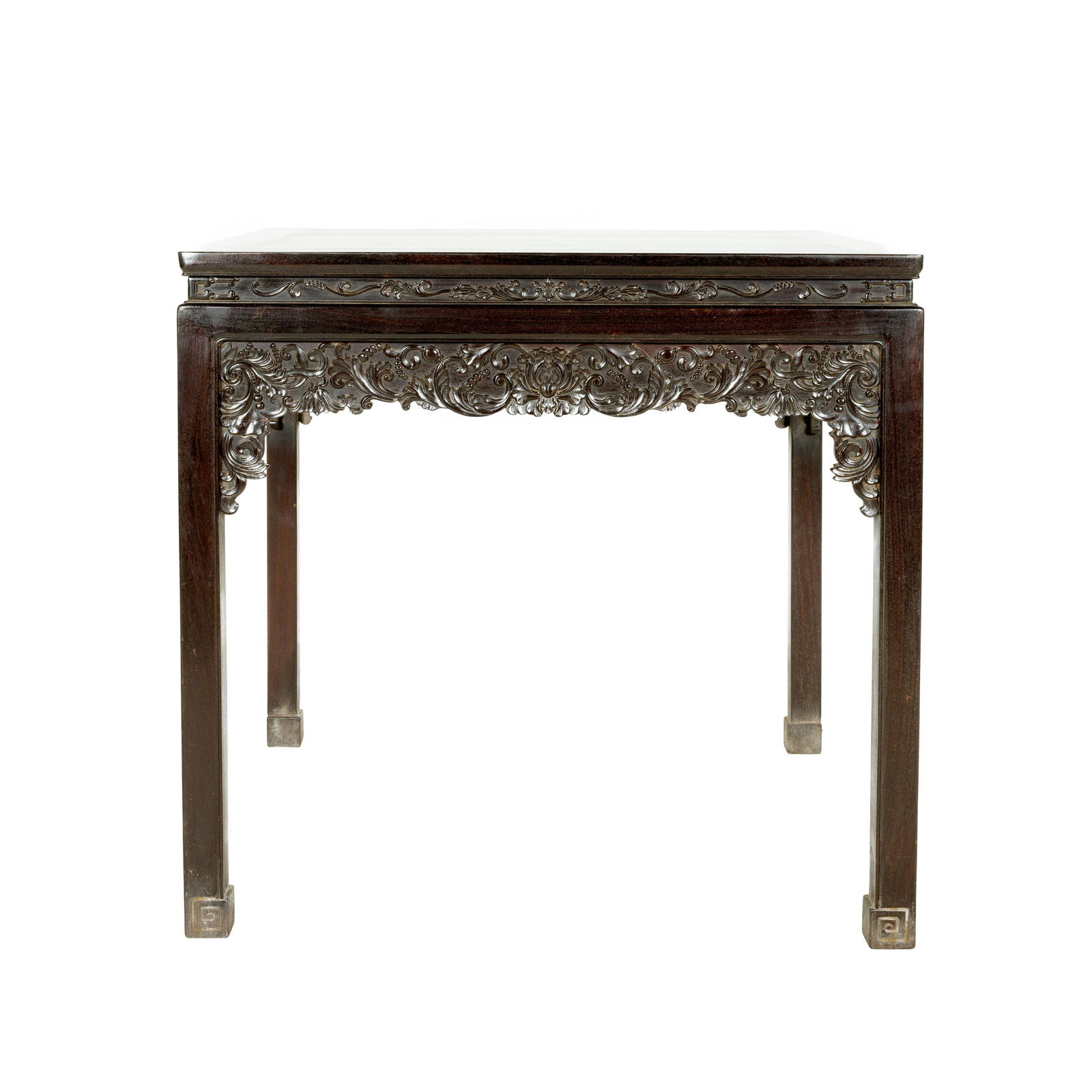 CHINESE ZITAN SQUARE TABLE: Dimensions; Height:34 5/8" Width:34 1/4" Depth:34 1/4" Antique Chinese carved Zitan wood side table in scrolling tendril and flowers blooms motif. The rectangular flat top surmounting from the waisted
