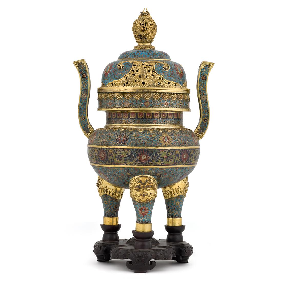 GILT BRONZE CLOISONNE LIDDED TRIPOD CENSER ON STAND (1 of 5)