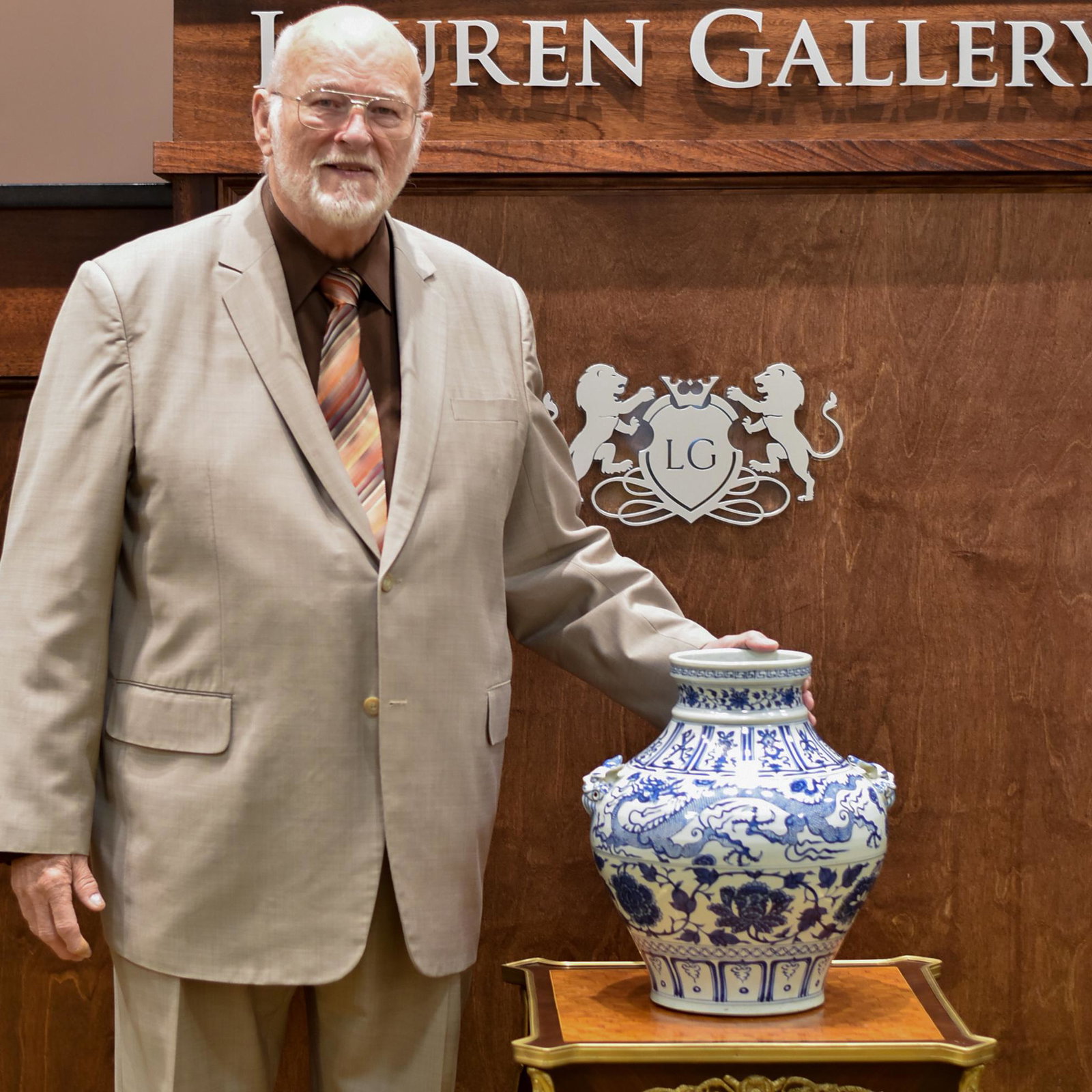 BLUE & WHITE DRAGON FLORAL MOTIEF JAR: Measurements: Height: 39 cm Diam: 34 cm PROVENANCE: From The Collections of Mike and Annie Gaither, US Navy 1959-1982. With a sense of duty for his country Mike joined the US Navy in 1959 the idea was