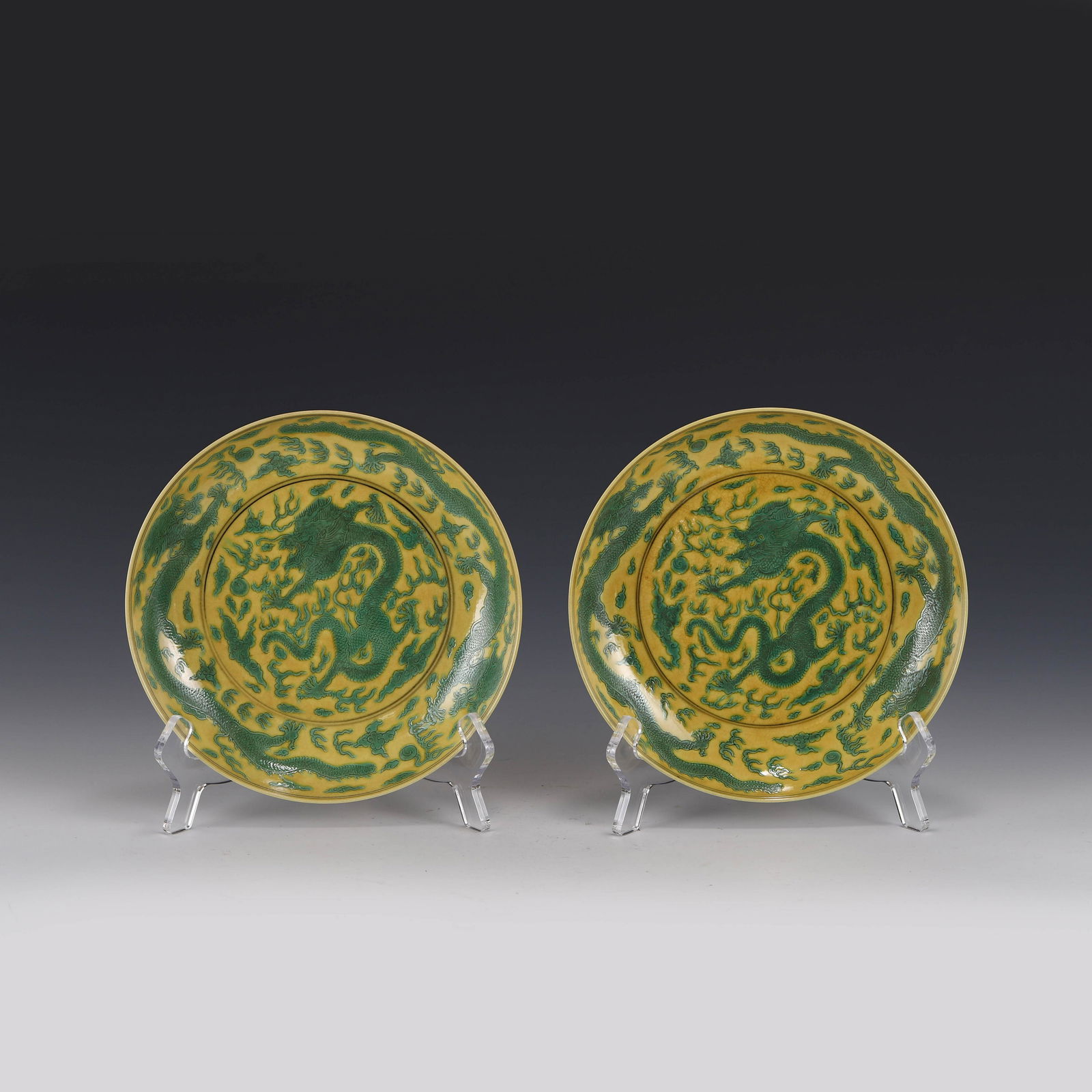 PAIR YELLOW & GREEN GLAZED DRAGON PLATE (1 of 7)