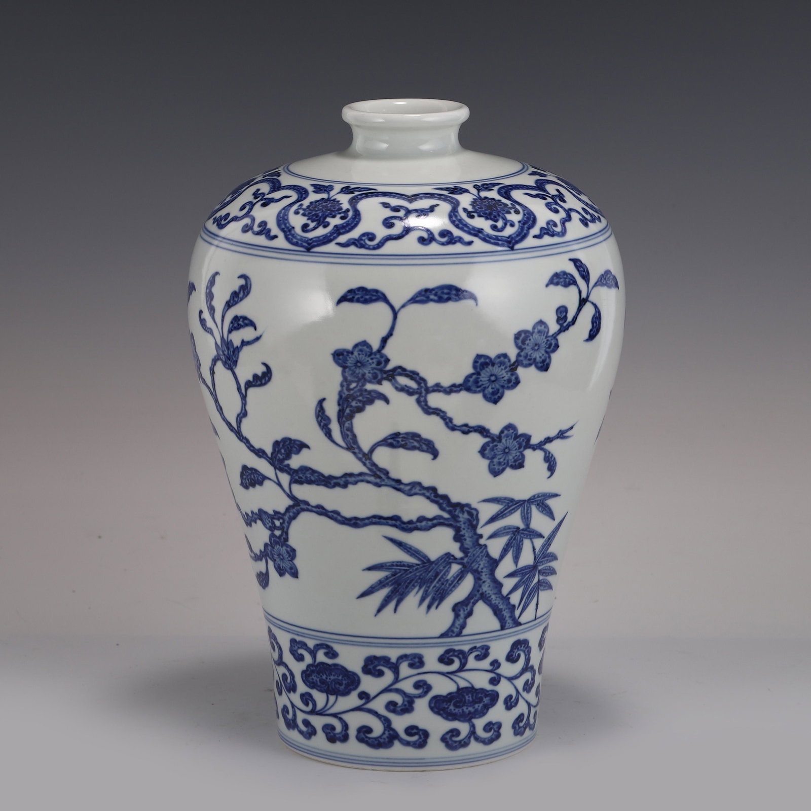BLUE & WHITE THREE FRIEND IN THE WINTER MEIPING JAR: Measurements: Height: 35 cm Diam: 23 cm PROVENANCE: From the Estate of Leroy Gaylor, Sr. (1933-2021) of Cartersville, Georgia. Private Collector, US Marine Corp Veteran, Engineers of major electrical 