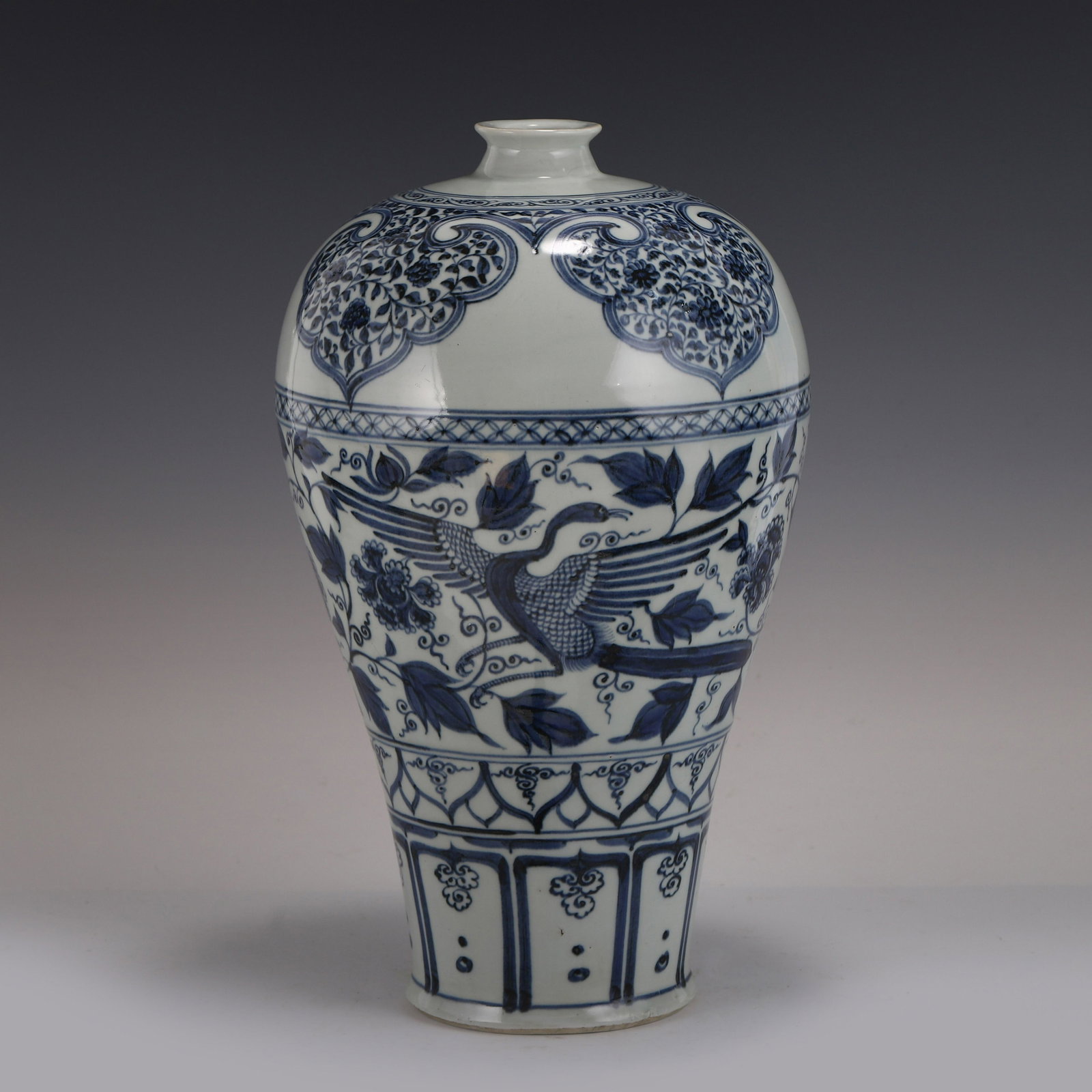 YUAN BLUE & WHITE CRANE MEIPING VASE: Measurements: Height: 43 cm Diam: 24 cm PROVENANCE: From the Estate of Leroy Gaylor, Sr. (1933-2021) of Cartersville, Georgia. Private Collector, US Marine Corp Veteran, Engineers of major electrical 
