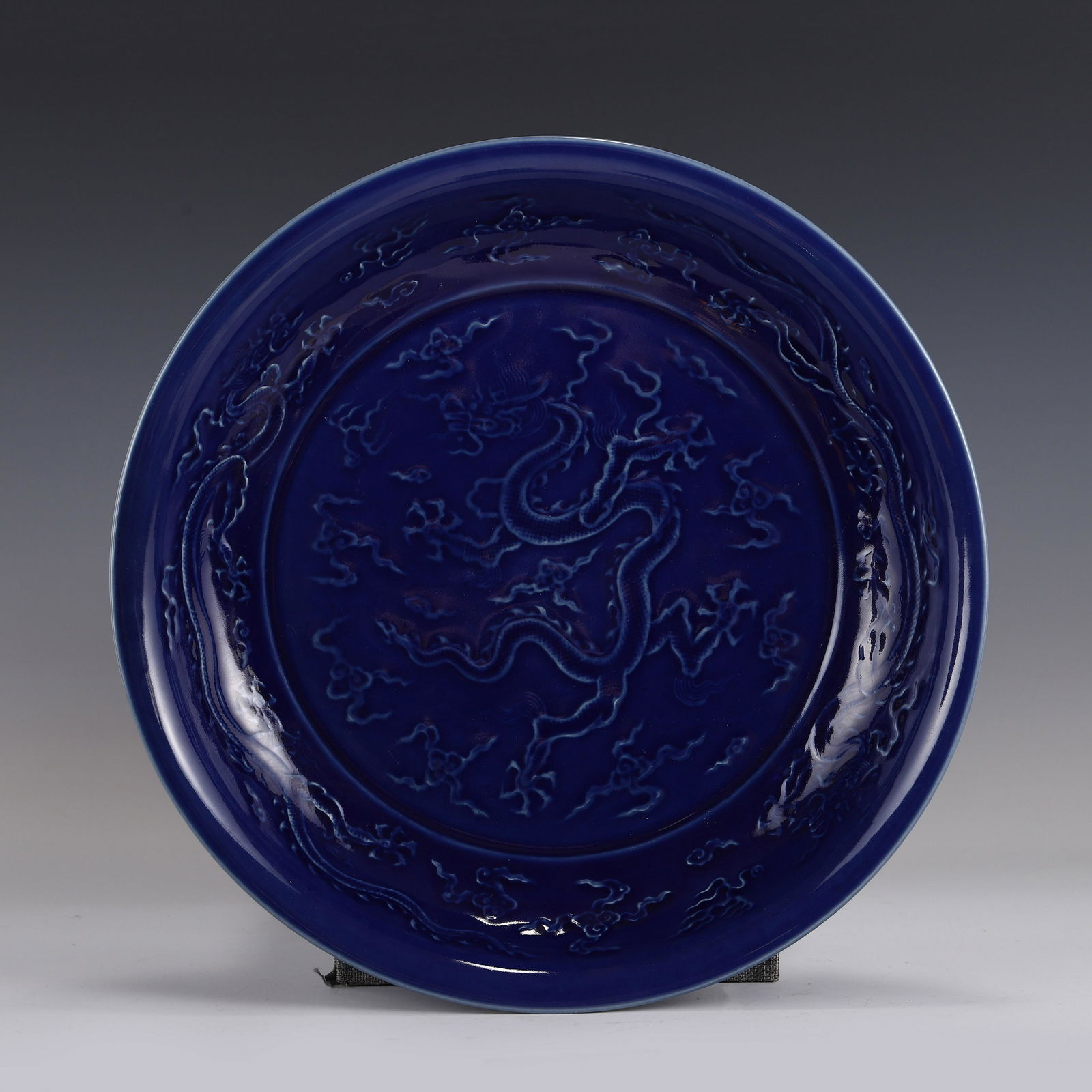 MING DRAGON SGRAFITTO BLUE GLAZED PLATE (1 of 6)
