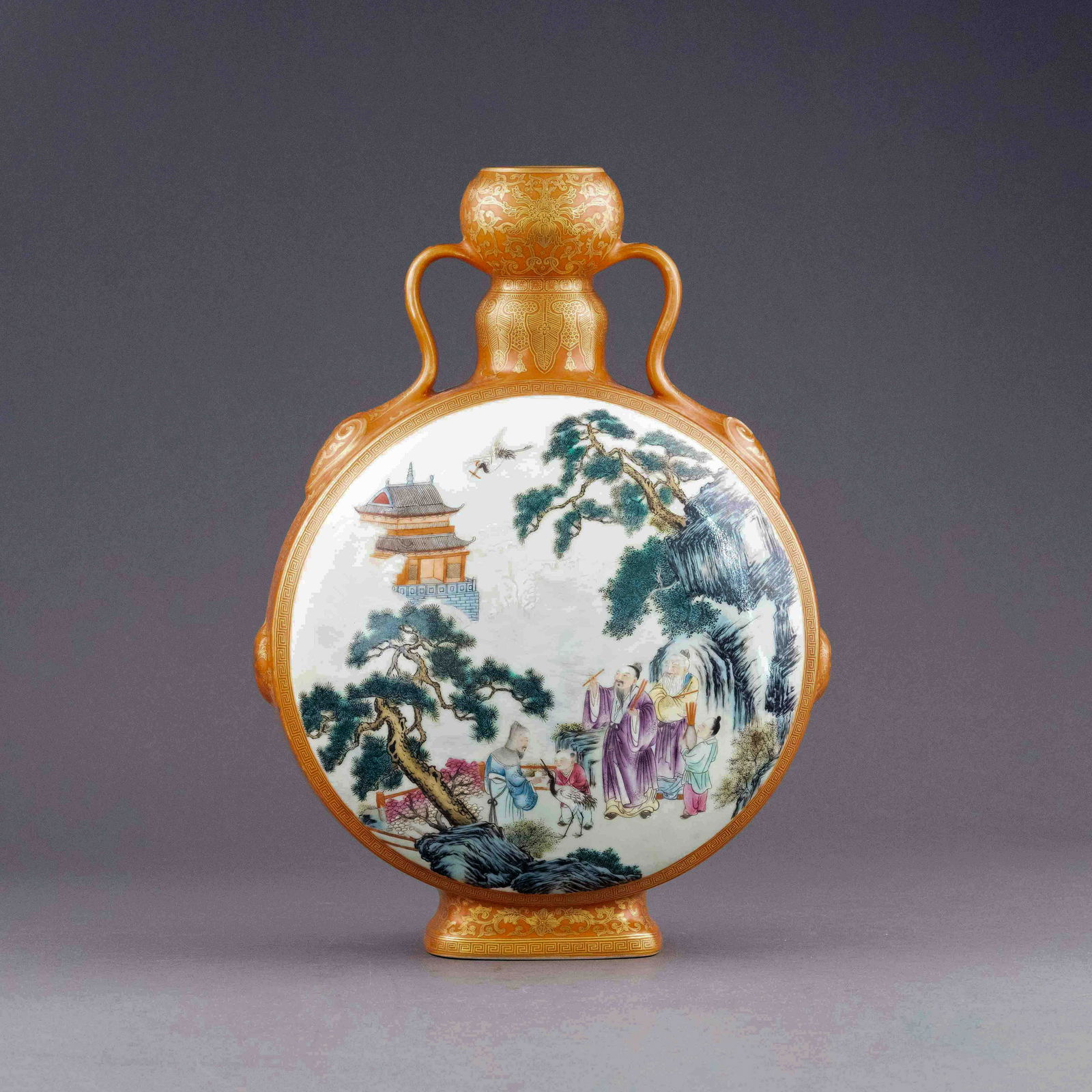 QIANLONG OPEN FACE LANDSCAPE GILT MOON VASE (1 of 15)
