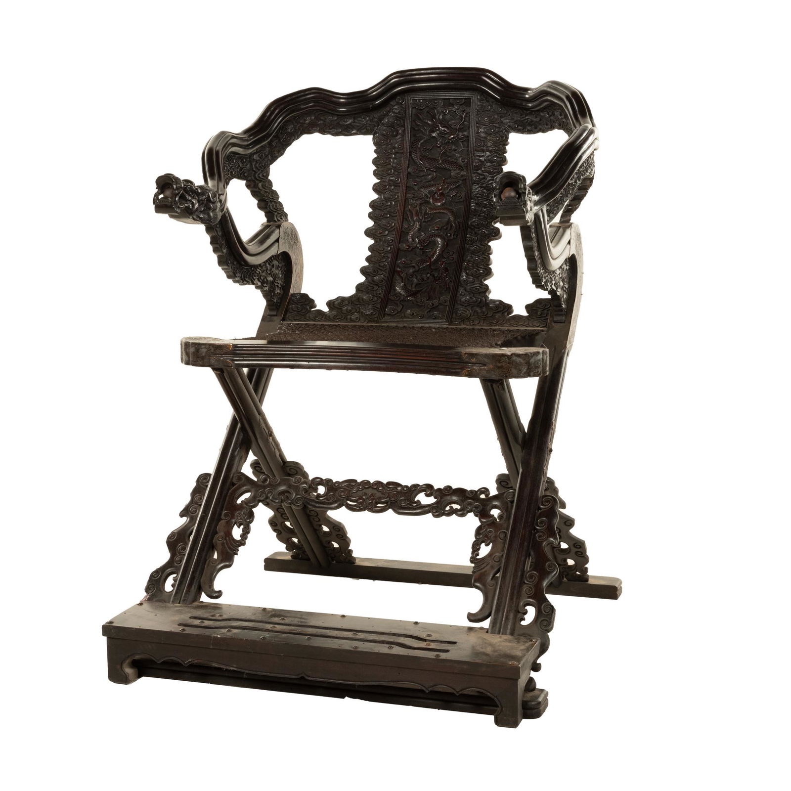 CHINESE CARVED ZITAN DRAGON HORSESHOE FOLDING CHAIR (1 of 9)