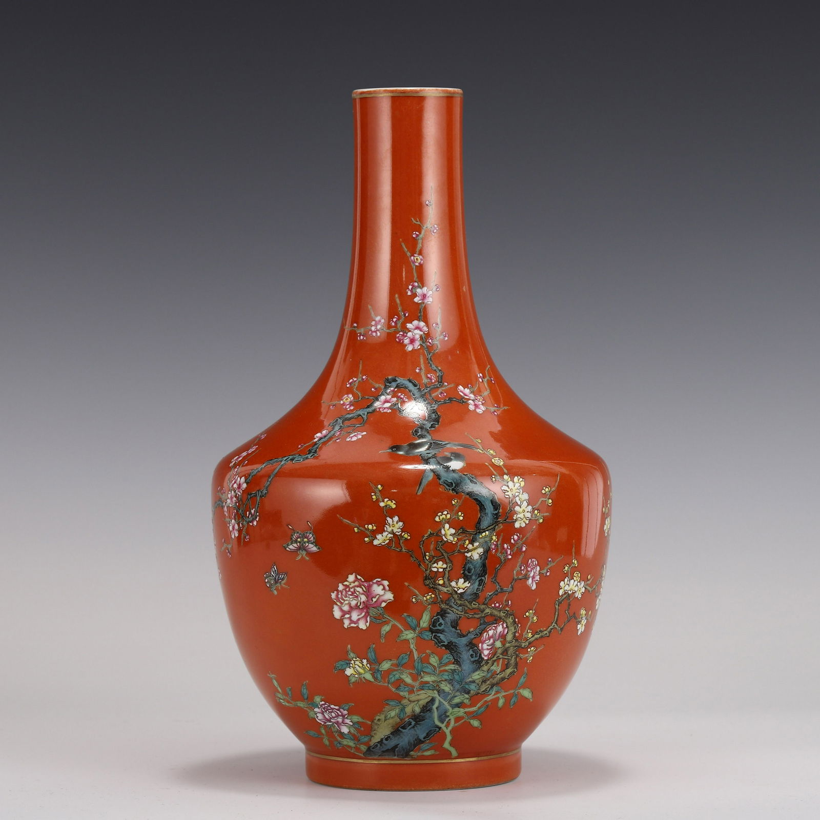 FAMILLE ROSE MAGPIE & PLUM BLOOMS RED ARROW VASE (1 of 10)
